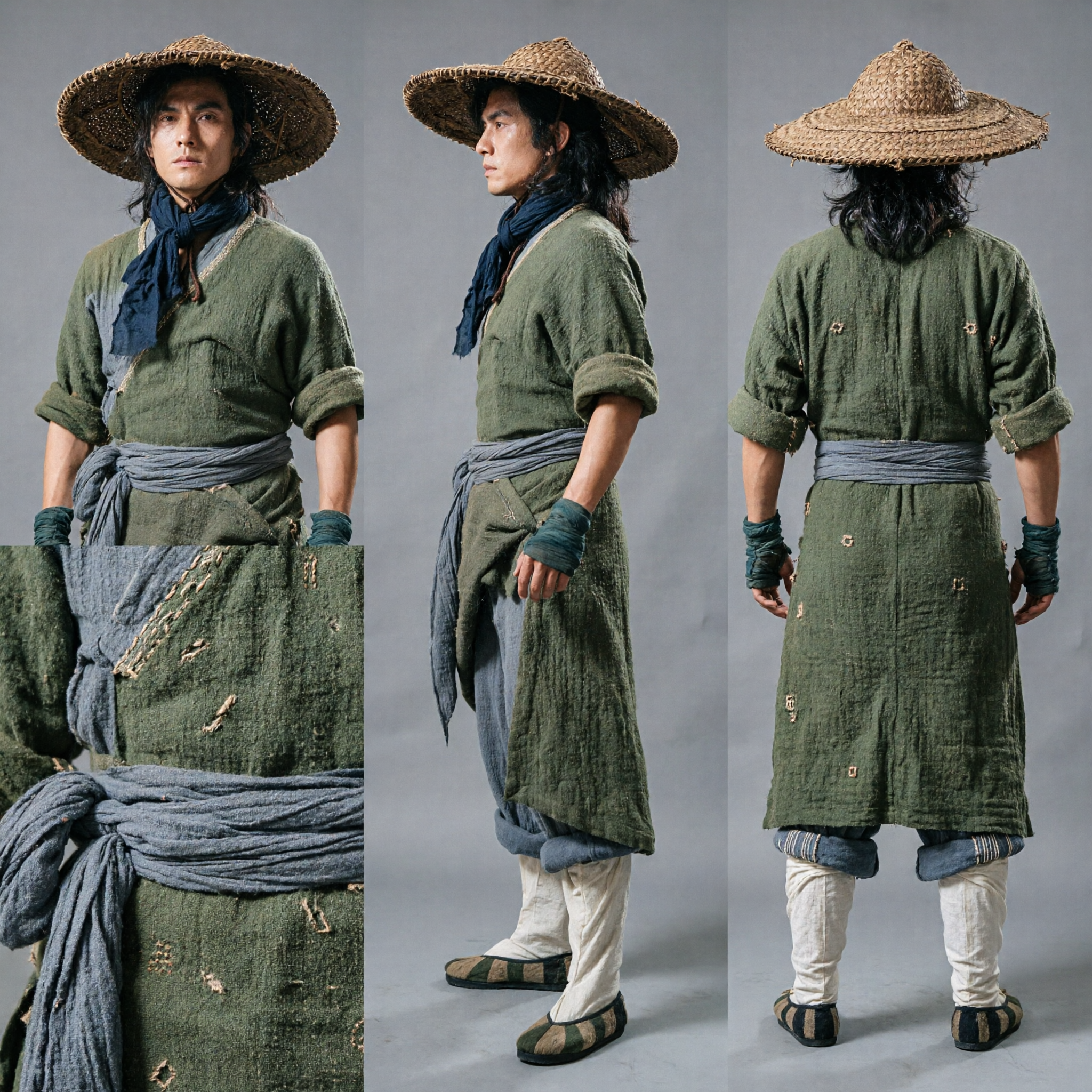 Men's Ancient Chinese Wuxia Swordsman Costume Green Linen Hanfu Robe Martial Arts Cosplay Outfit