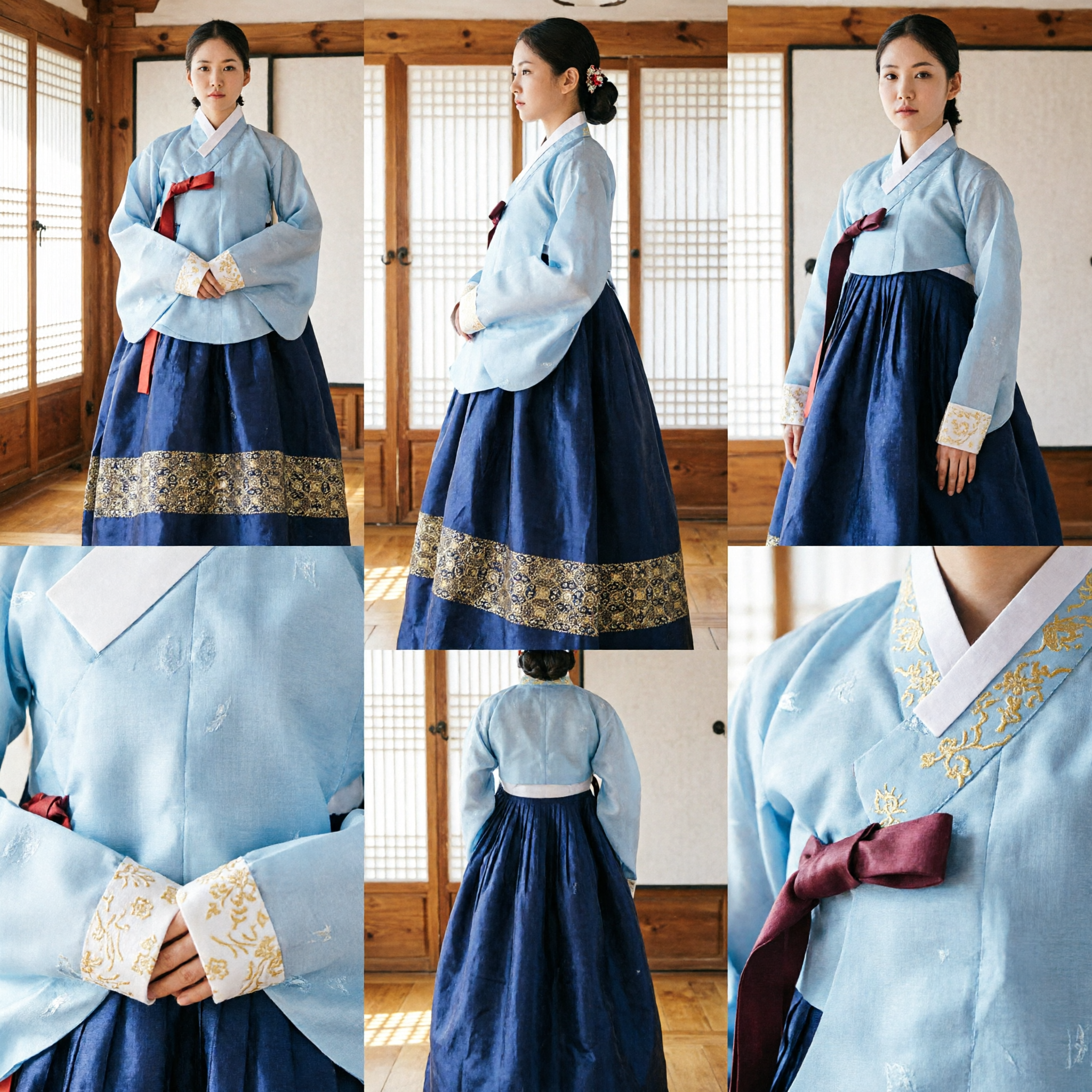 Women's Traditional Korean Hanbok Dress Light Blue Top Navy Skirt Formal Wear for Holidays