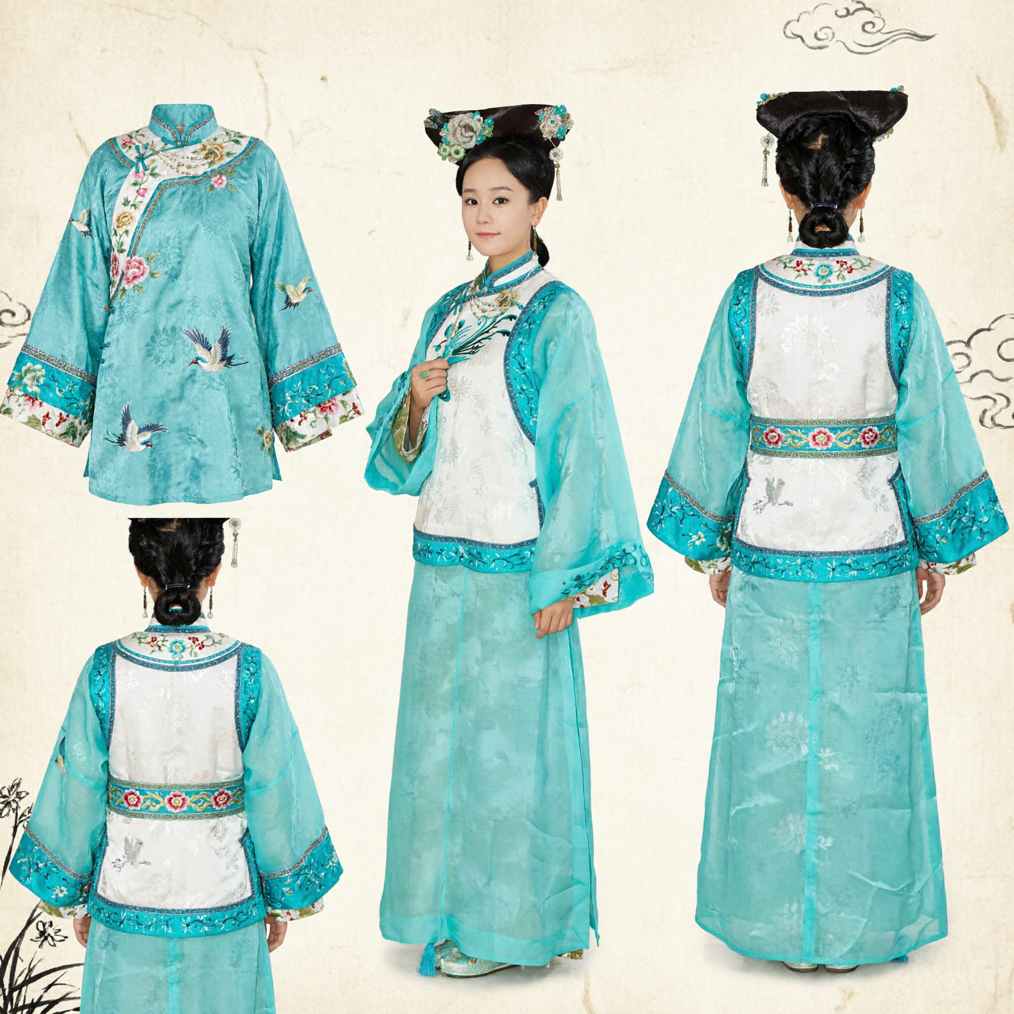 Ancient Chinese Qing Dynasty Palace Lady Costume Turquoise Manchu Embroidered Dress with Headpiece for Women