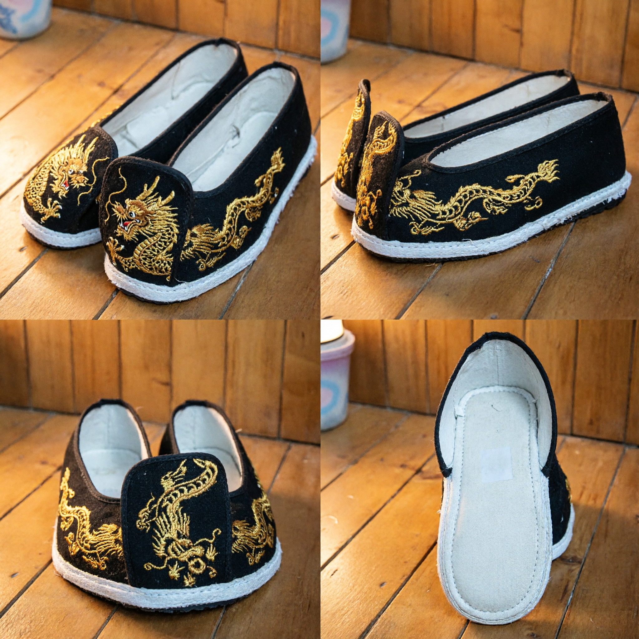 Traditional Chinese Black Velvet Kung Fu Shoes with Gold Dragon Embroidery for Tai Chi and Martial Arts