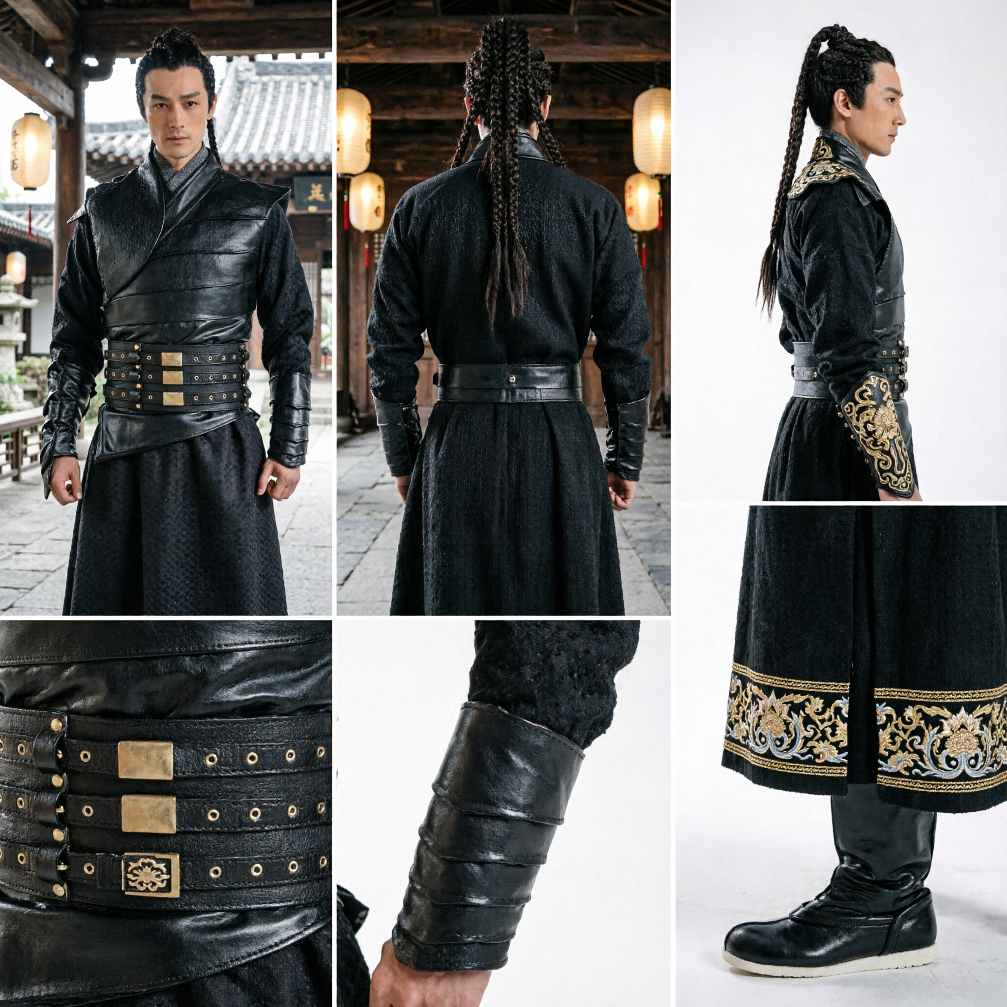 Men's Black Wuxia Warrior Costume Traditional Chinese Knight Armor Hanfu Set for Cosplay and Historical Drama