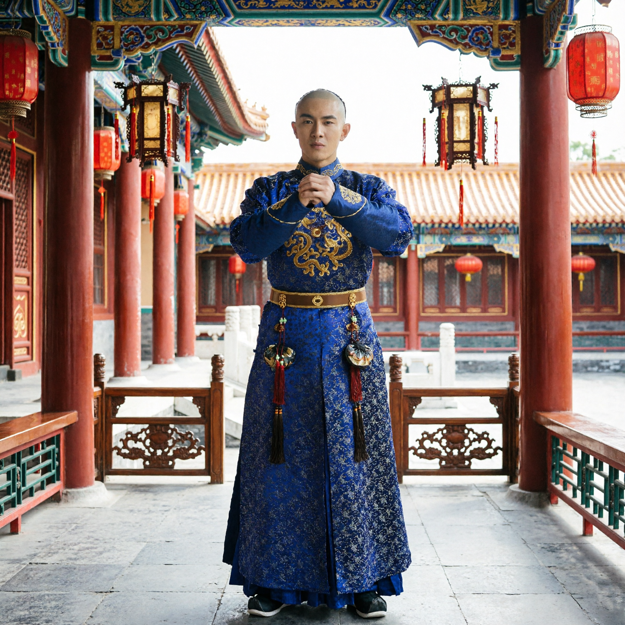 Traditional Chinese Qing Dynasty Blue Brocade Robe with Gold Embroidery for Men Historical Costume Cosplay