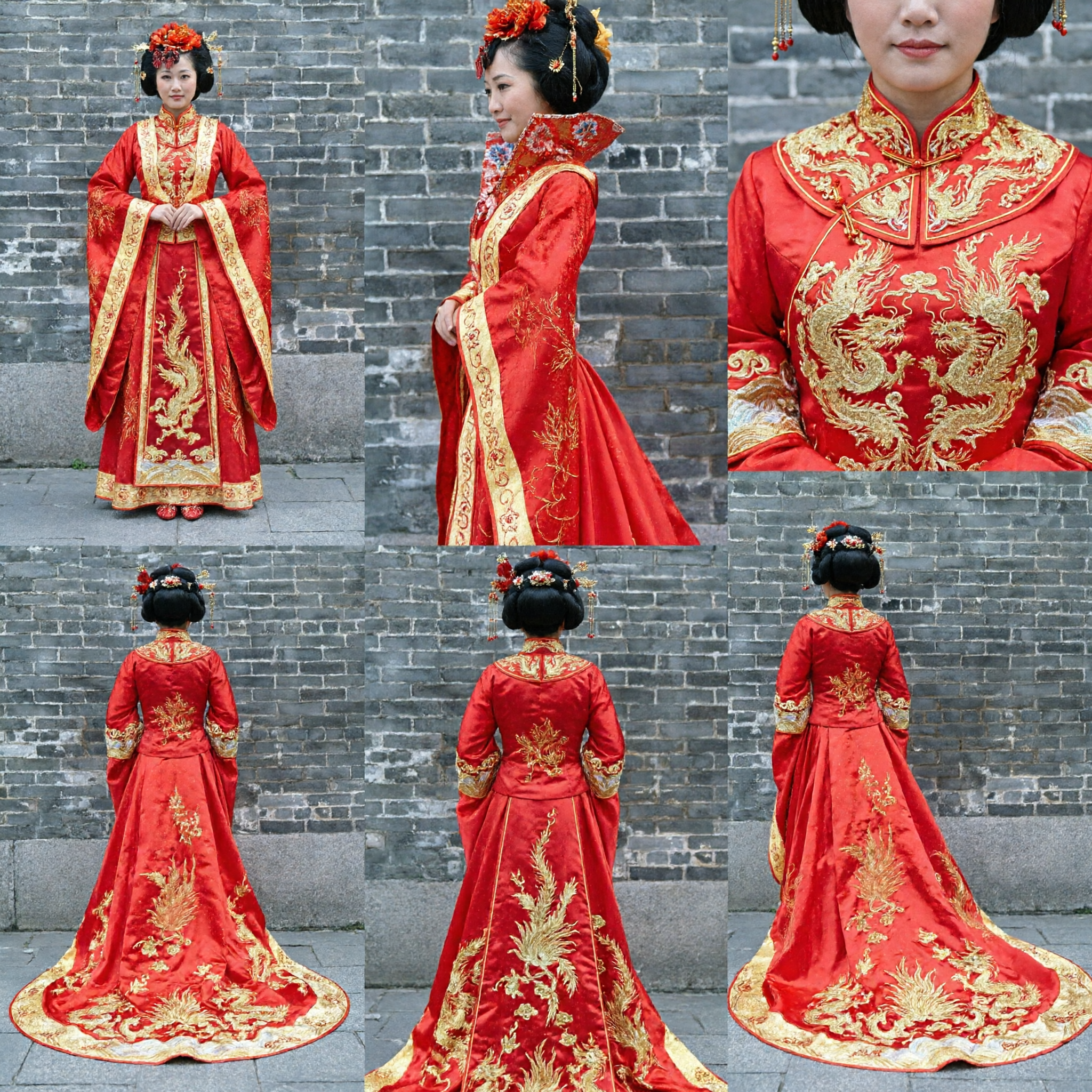 Traditional Chinese Wedding Dress Red Gold Embroidery Qun Kwa Gown for Bride Ancient Style Ceremony