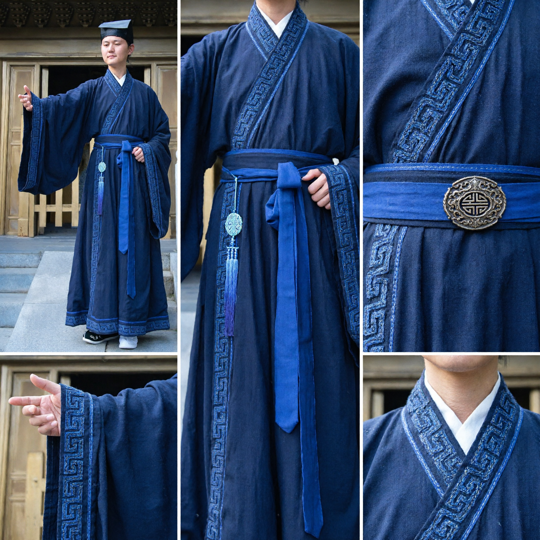 Men's Traditional Chinese Hanfu Blue Scholar Robe Ancient Costume with Hat for Cosplay and Performance