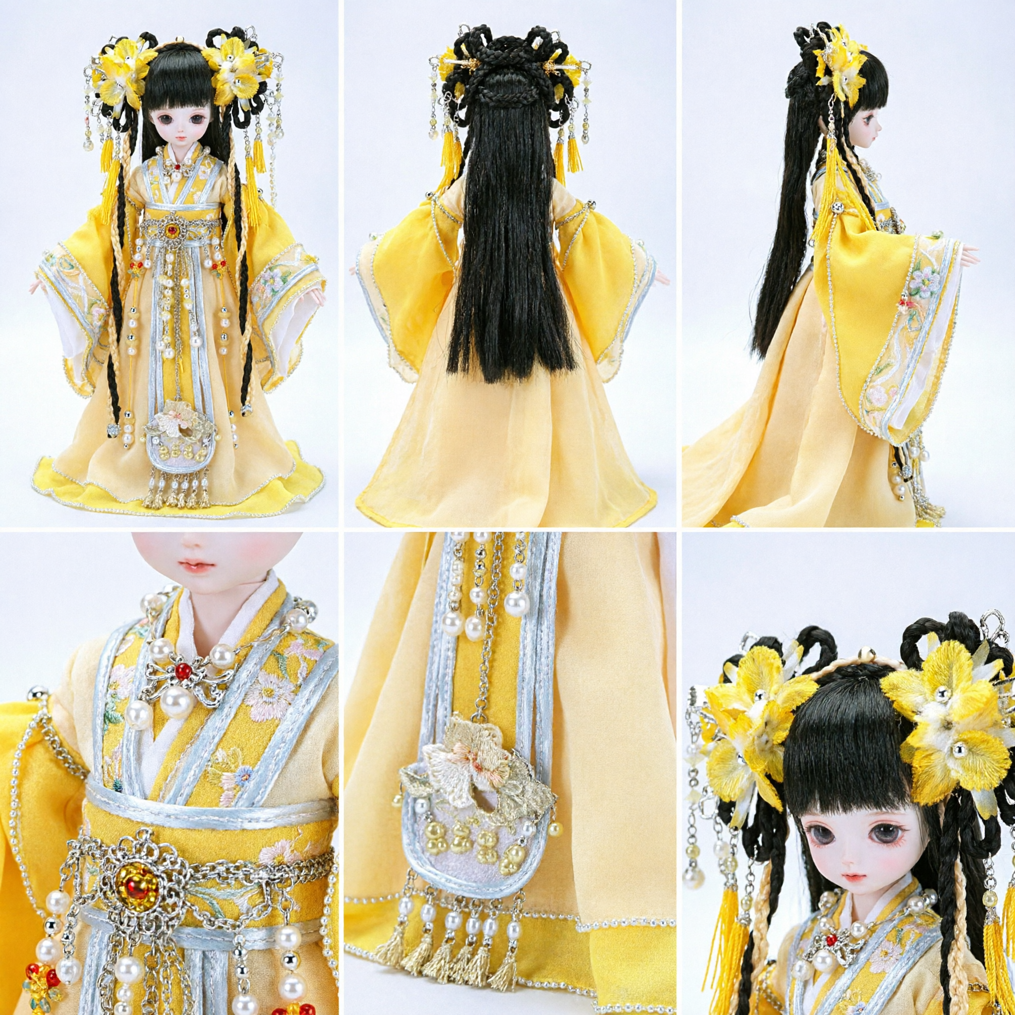 Exquisite Yellow Ancient Chinese Hanfu Costume Set for BJD Dolls with Floral Hair Accessories and Jewelry