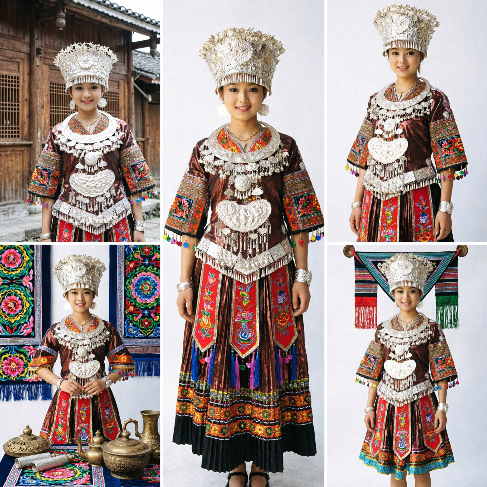 Girls Chinese Miao Ethnic Folk Dance Costume Traditional Dress with Silver Jewelry and Headpiece
