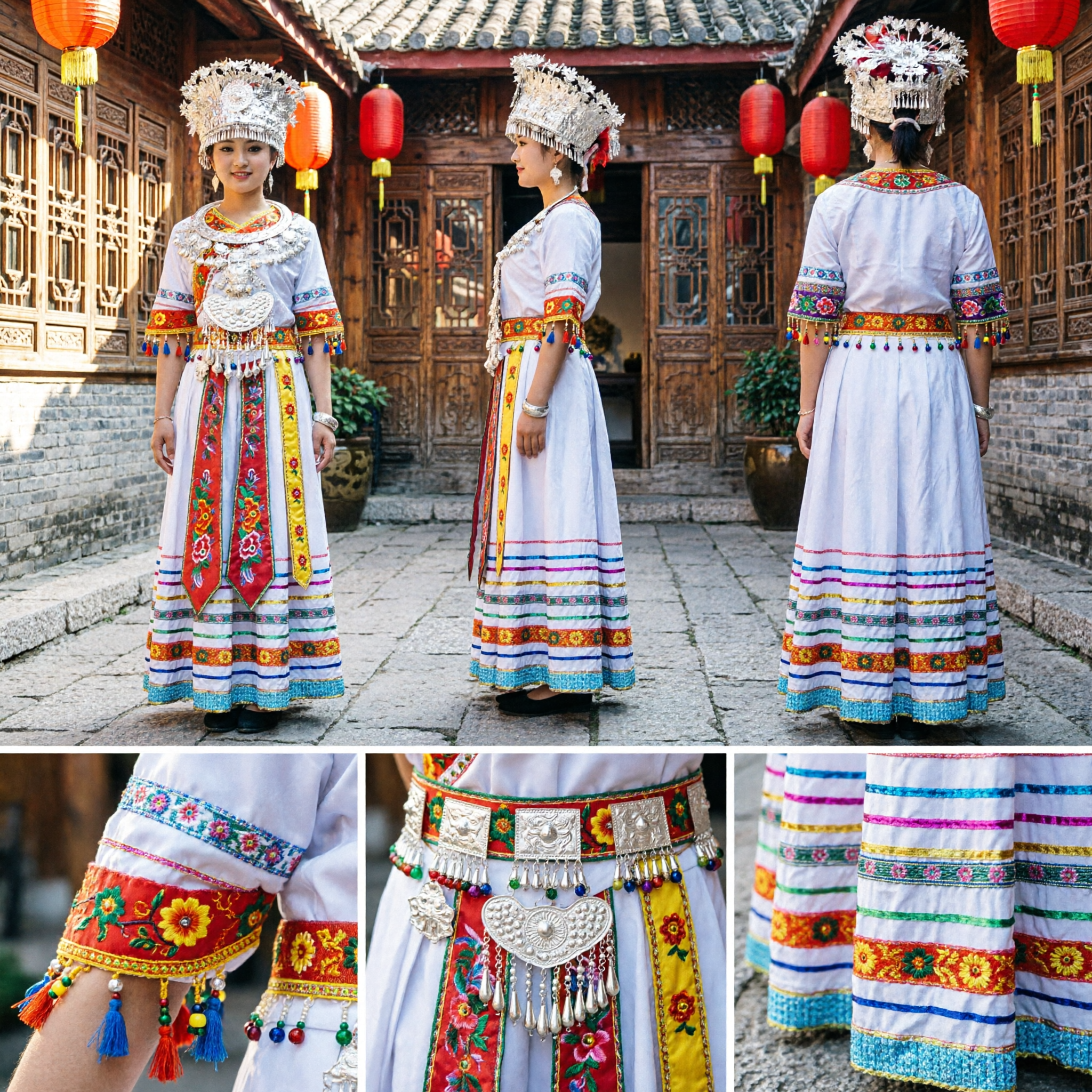 Traditional Chinese Miao Ethnic Dance Costume Complete Set with Silver Headdress for Women Performance