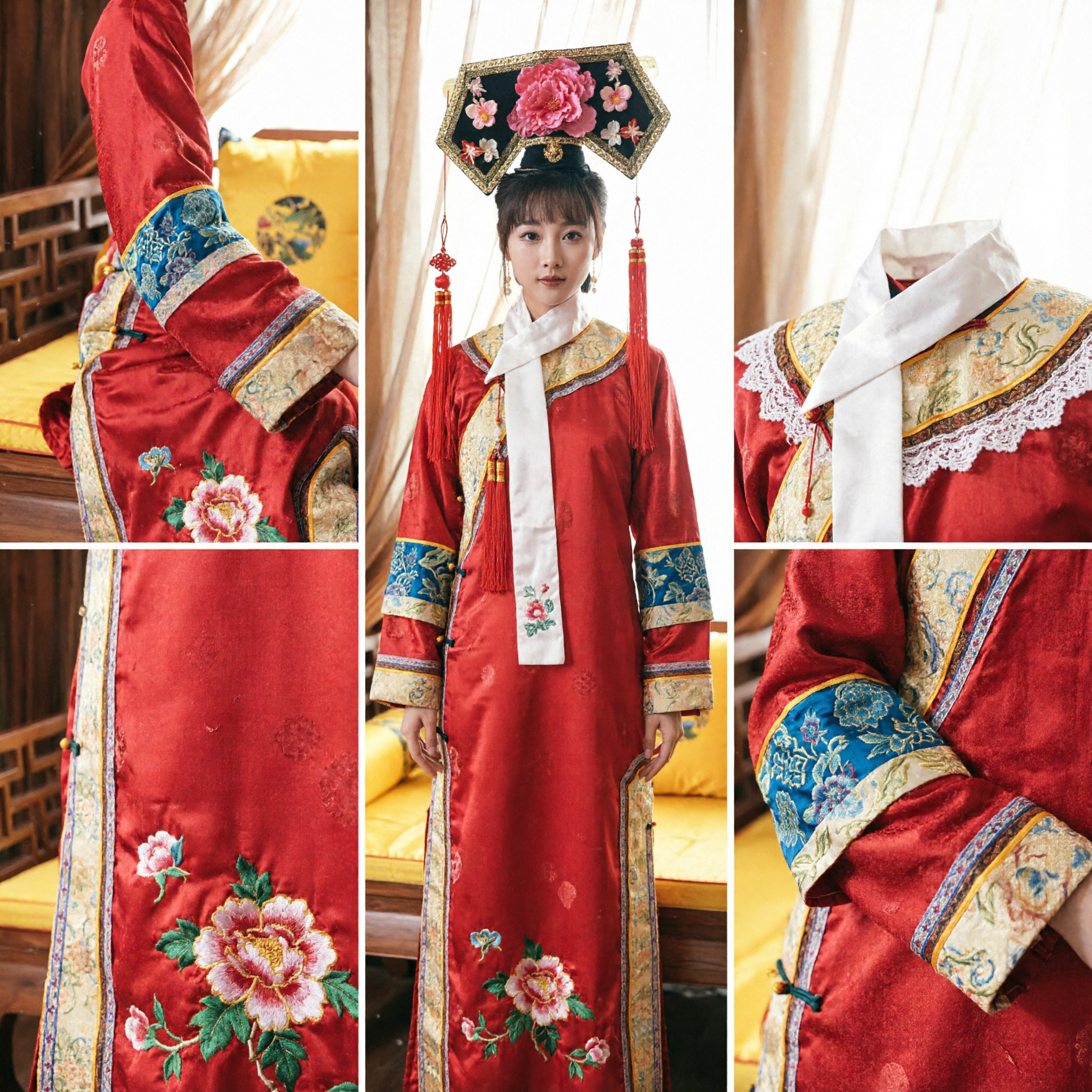Traditional Chinese Qing Dynasty Manchu Empress Red Embroidered Robe Costume with Floral Headdress for Women