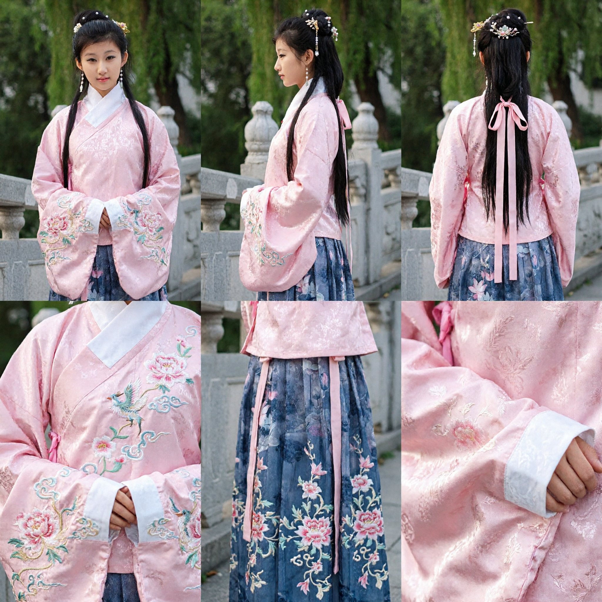 Ancient Chinese Hanfu Costume Pink Top Blue Floral Skirt Traditional Clothing for Women Cosplay