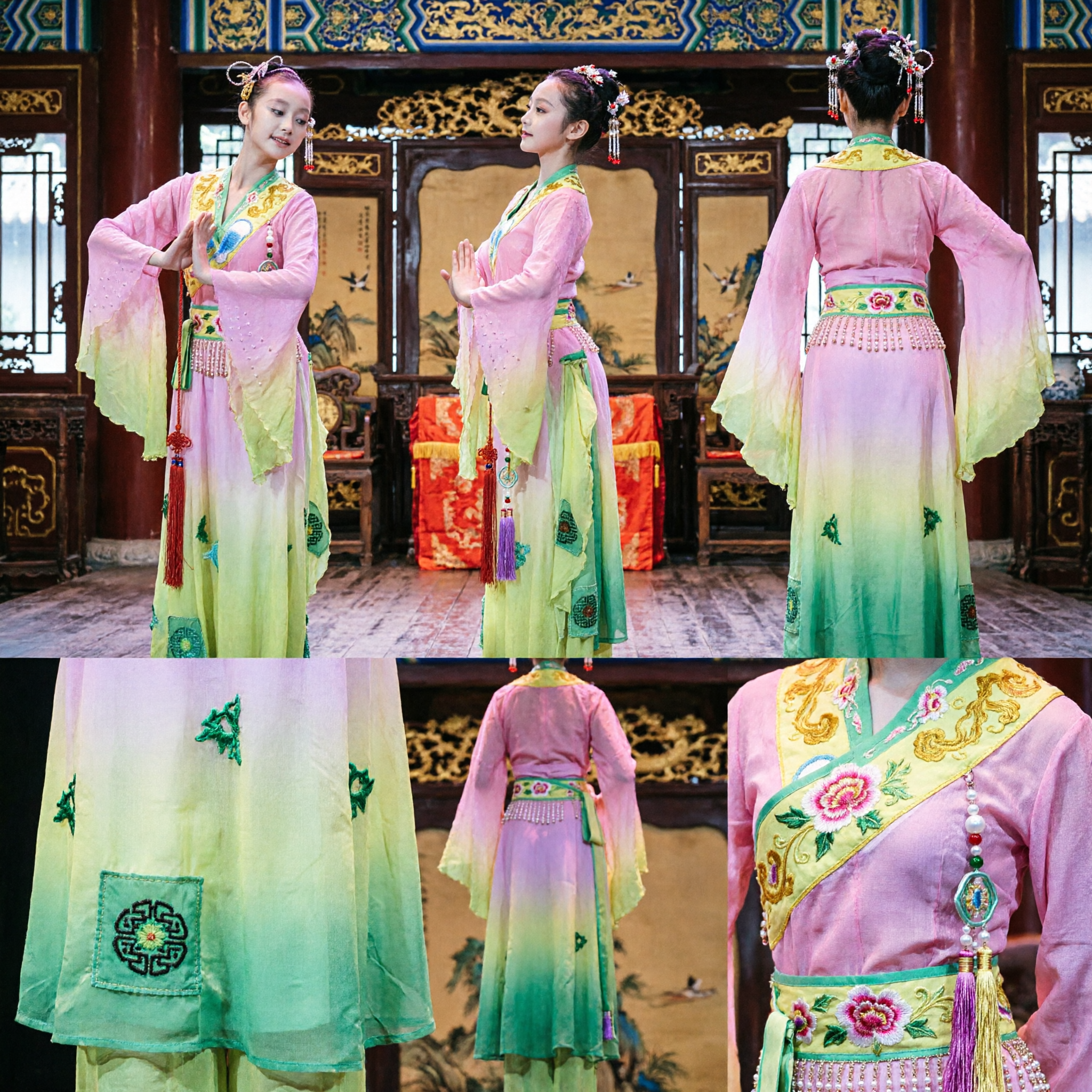 Girls Traditional Chinese Dance Costume Dunhuang Feitian Style Pink Yellow Performance Outfit for Kids Stage Show