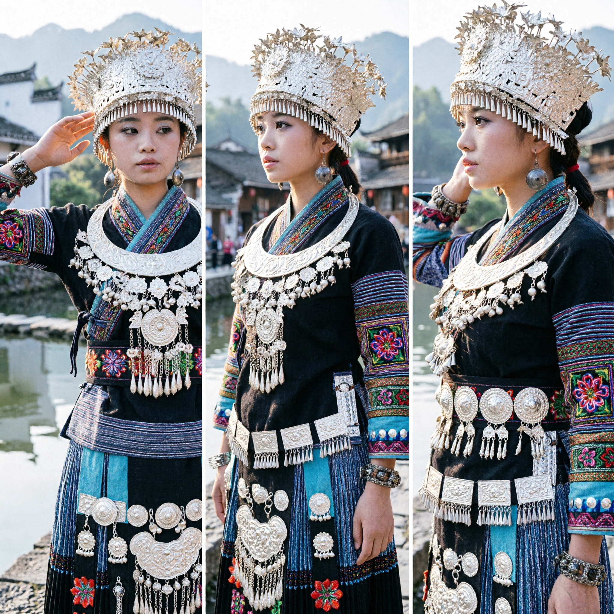 Traditional Miao Ethnic Silver Headdress and Embroidered Costume Complete Set for Women Folk Dance Performance