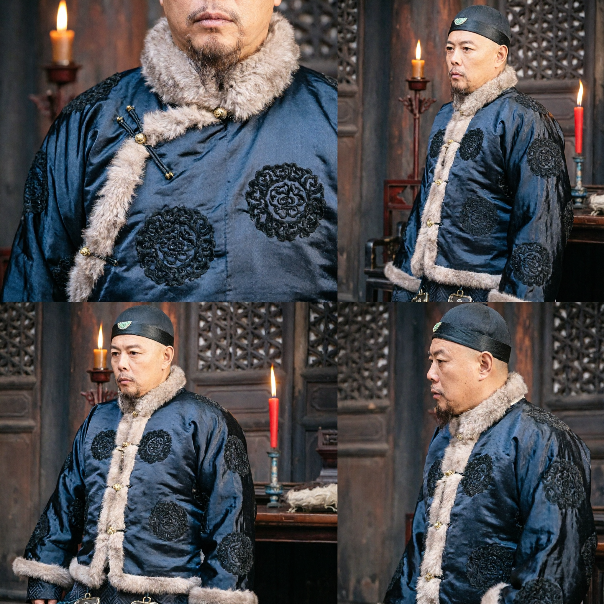 Men's Winter Traditional Chinese Tang Suit with Fur Collar Qing Dynasty Style Robe for Cosplay and Performance