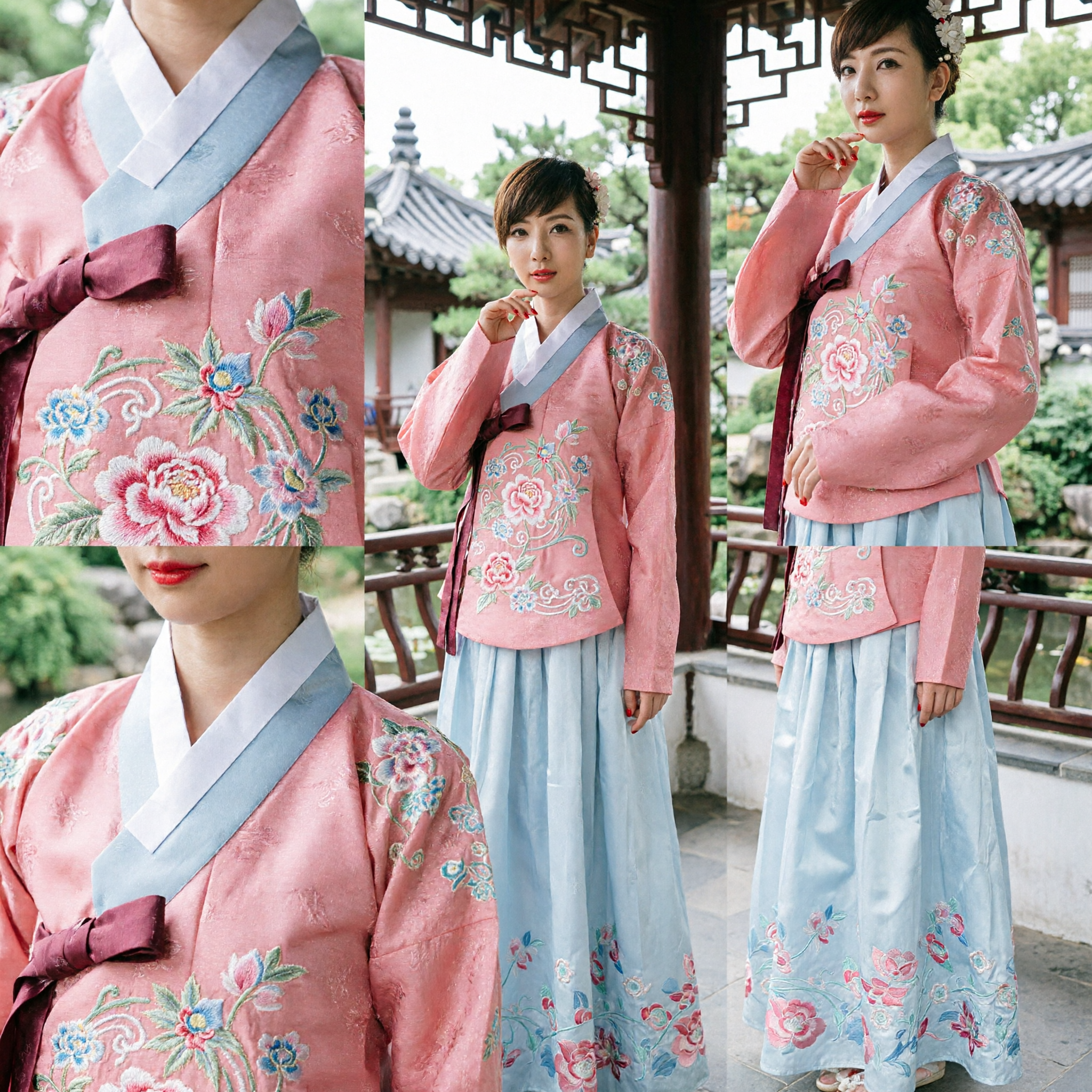 Women's Traditional Korean Hanbok Dress Pink Embroidered Jeogori and Blue Chima Skirt for Wedding Performance