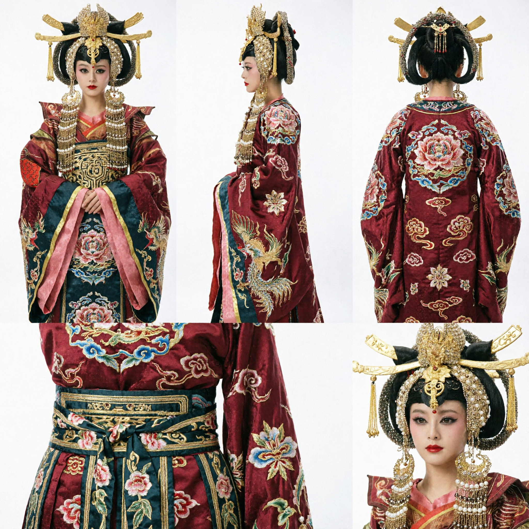 Traditional Chinese Tang Dynasty Empress Wu Zetian Hanfu Costume with Elaborate Gold Pearl Headdress for Stage Performance
