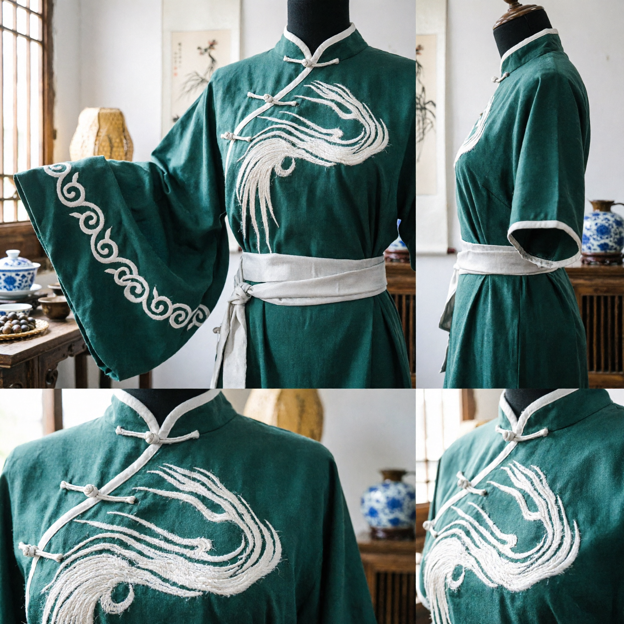 Traditional Green Chinese Kung Fu Uniform Wushu Suit with Phoenix Wing Embroidery for Martial Arts Performance