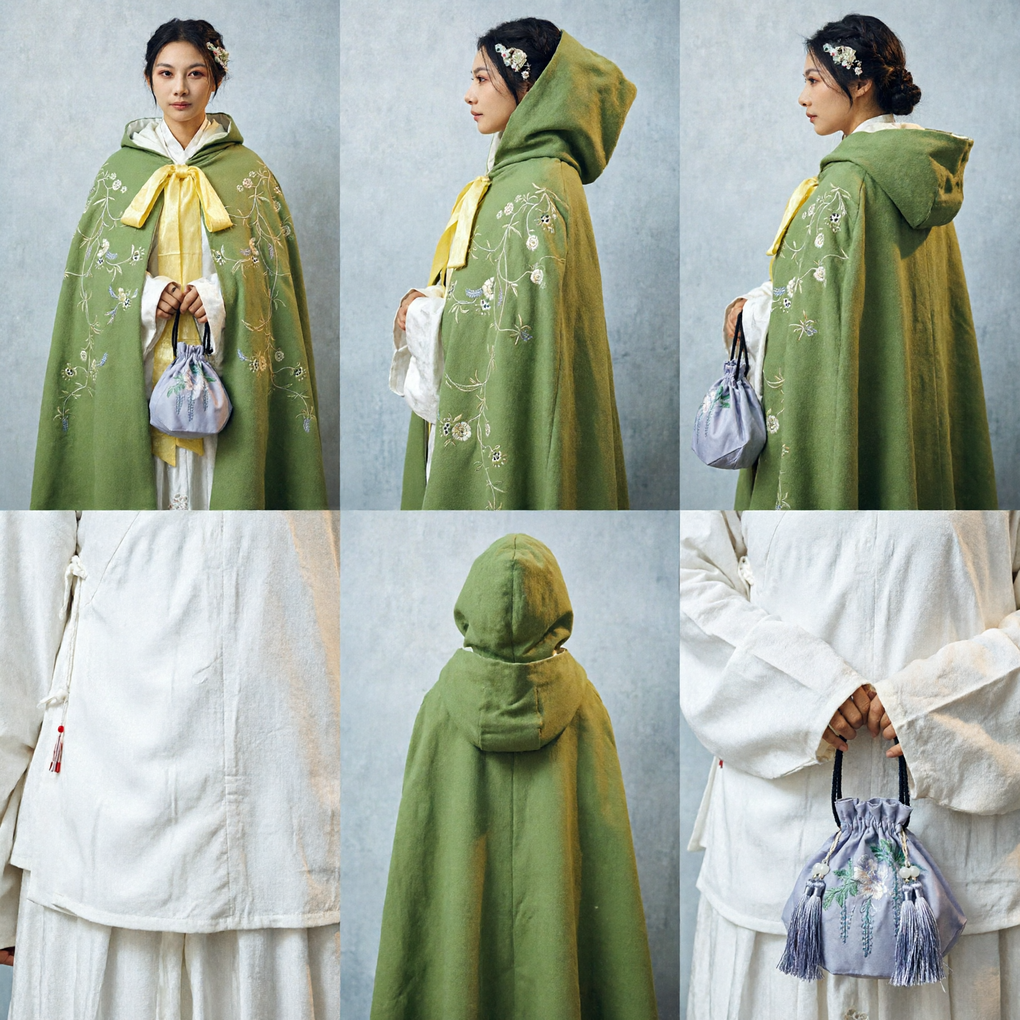 Elegant Green Floral Embroidered Hanfu Cloak Hooded Cape Traditional Chinese Winter Outerwear for Women