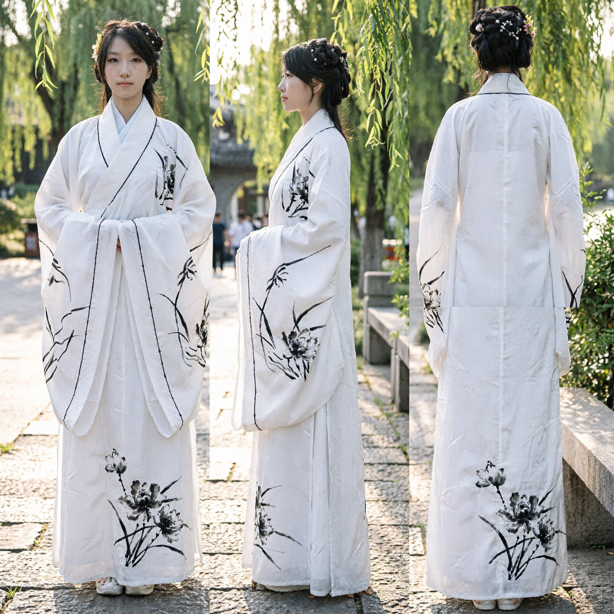 Elegant White Traditional Chinese Hanfu Women's Cross-Collar Robe with Ink Bamboo Print for Photography