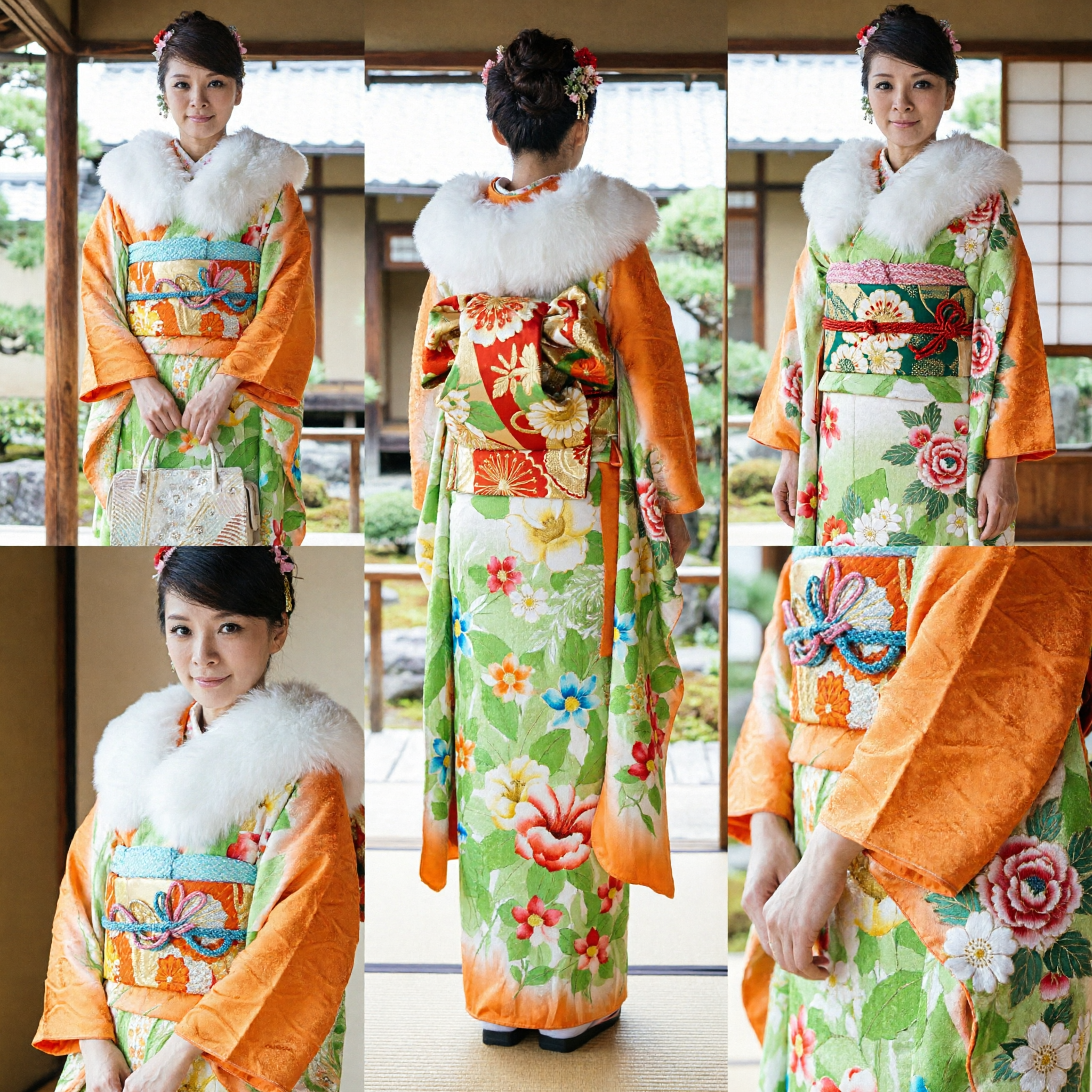 Elegant Traditional Japanese Furisode Kimono for Women Featuring Orange and Green Floral Print with White Fur Stole