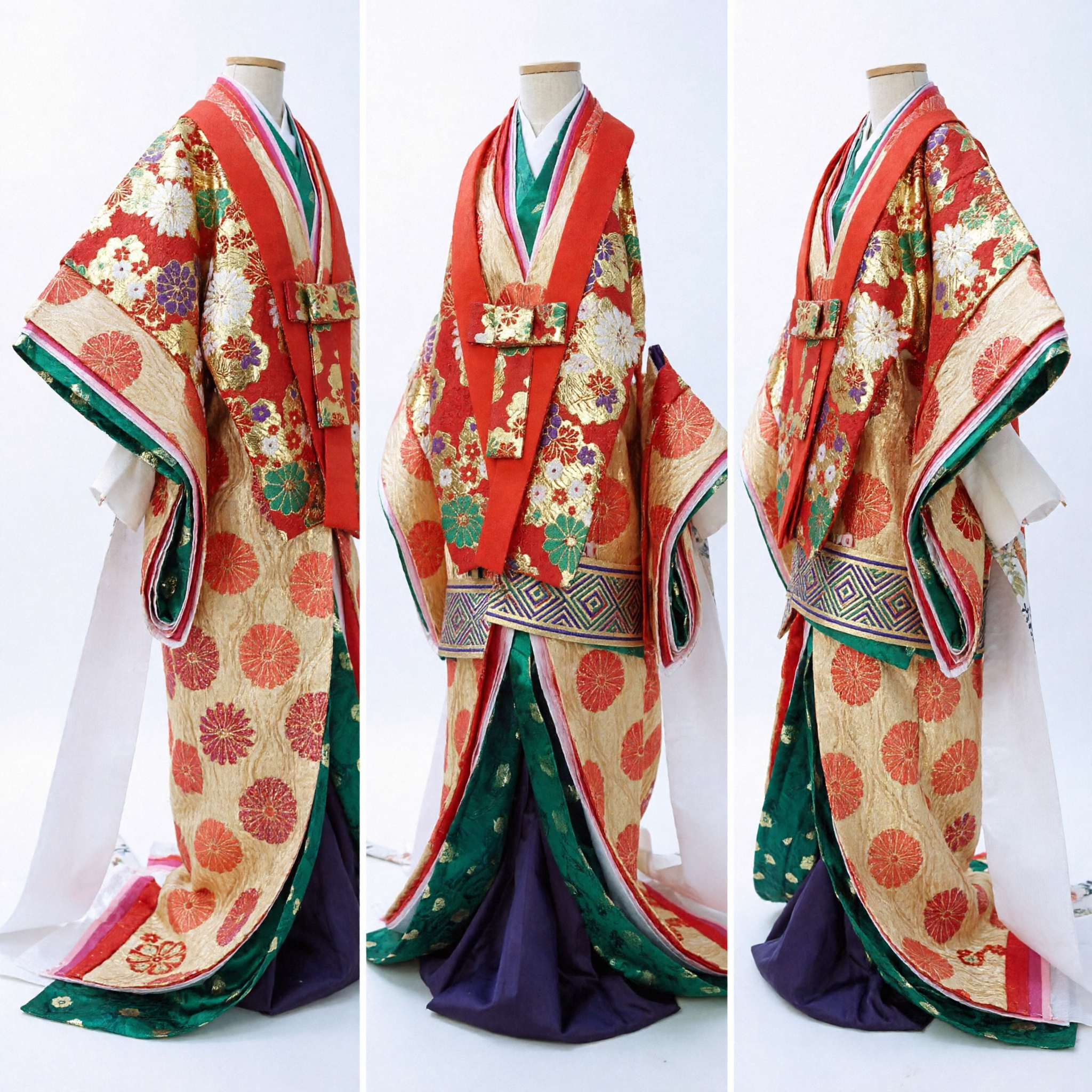 Traditional Japanese Red Kimono Costume Gold Floral Pattern Court Lady Outfit for Kids Festival Display