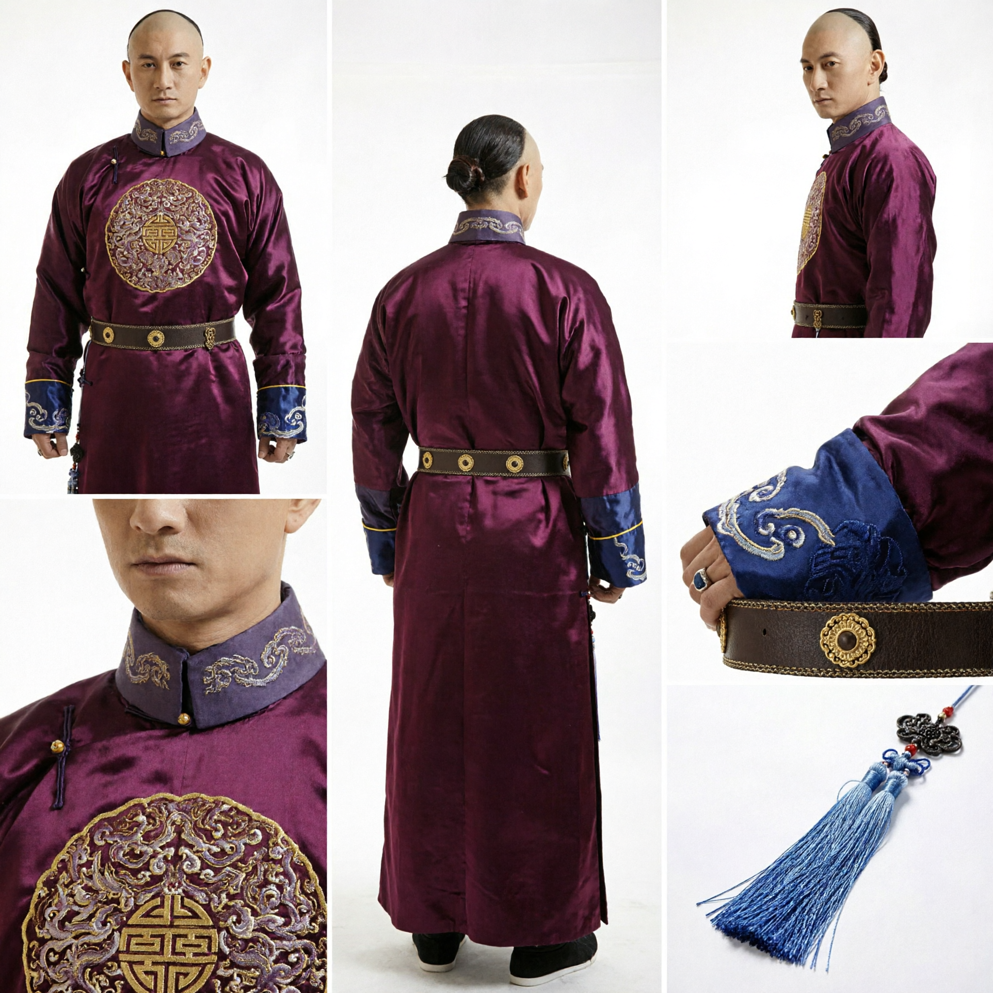 Men's Traditional Chinese Qing Dynasty Purple Satin Changshan Robe with Embroidery Historical Costume for Performance