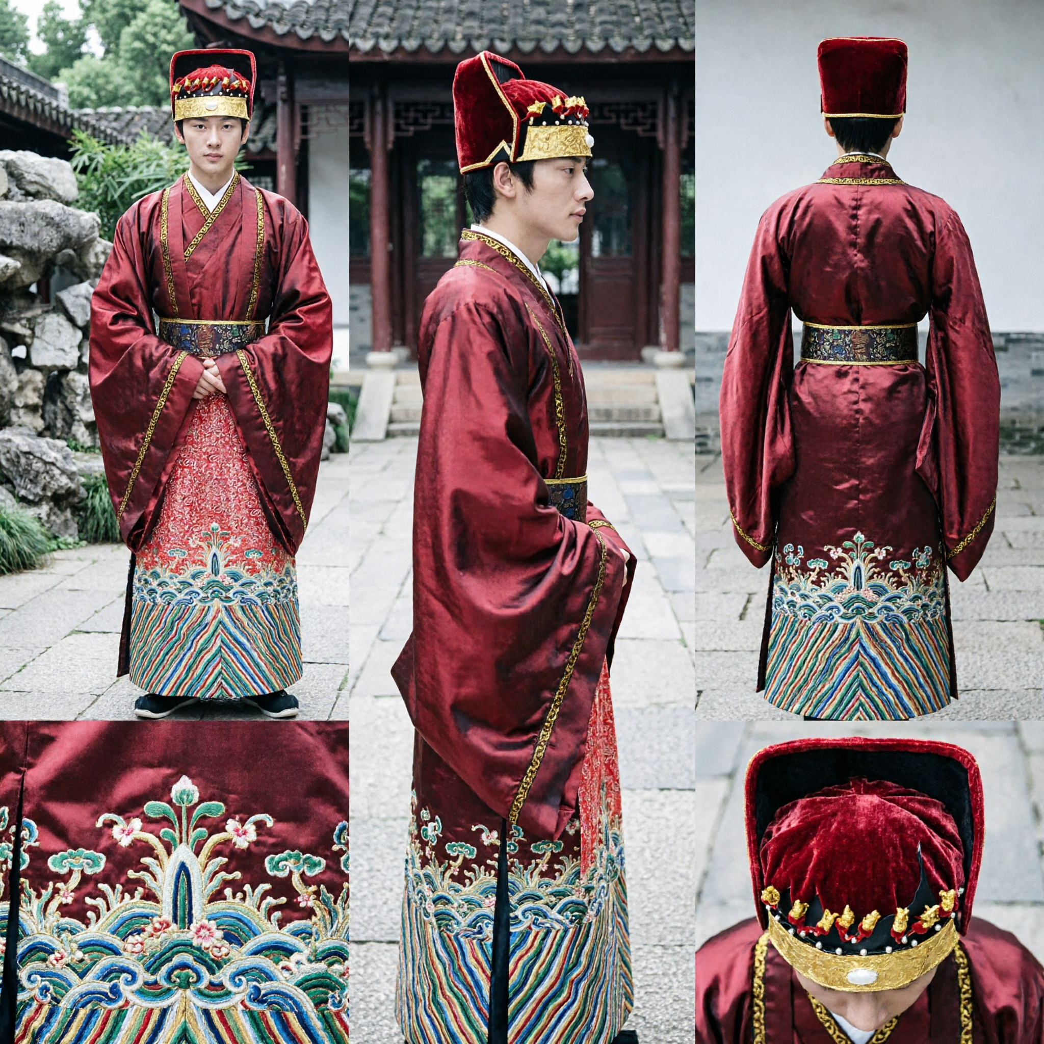 Men's Traditional Chinese Hanfu Ancient Official Costume Red Wedding Groom Robe Complete Set with Hat