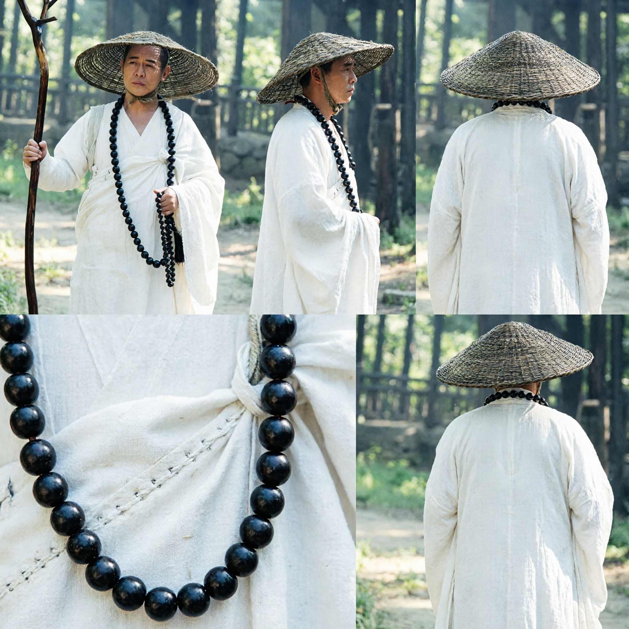 Men's Traditional Chinese Monk Robe Costume Set with Bamboo Hat and Prayer Beads for Kung Fu Performance