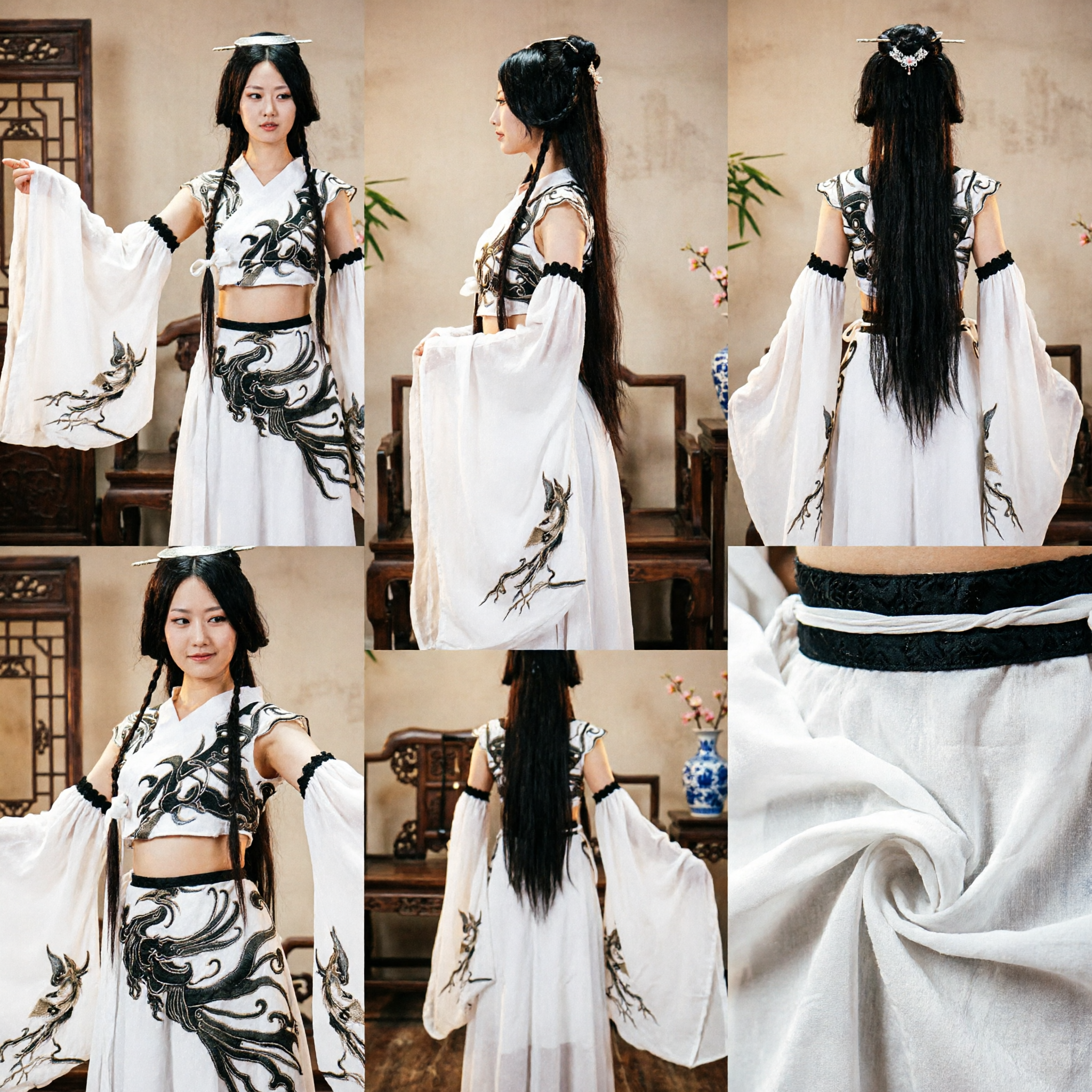 Elegant White Ancient Chinese Hanfu Costume with Black Embroidery for Women Cosplay and Stage Performance