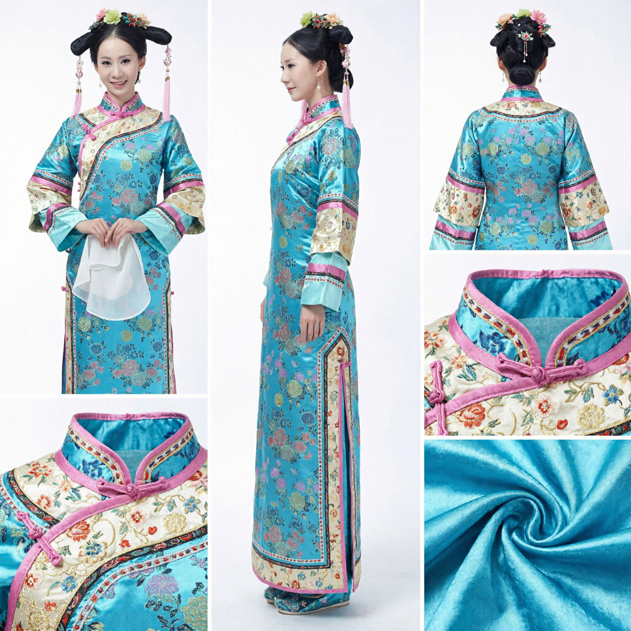 Traditional Chinese Blue Floral Embroidery Qing Dynasty Princess Dress Manchu Noblewoman Costume for Women