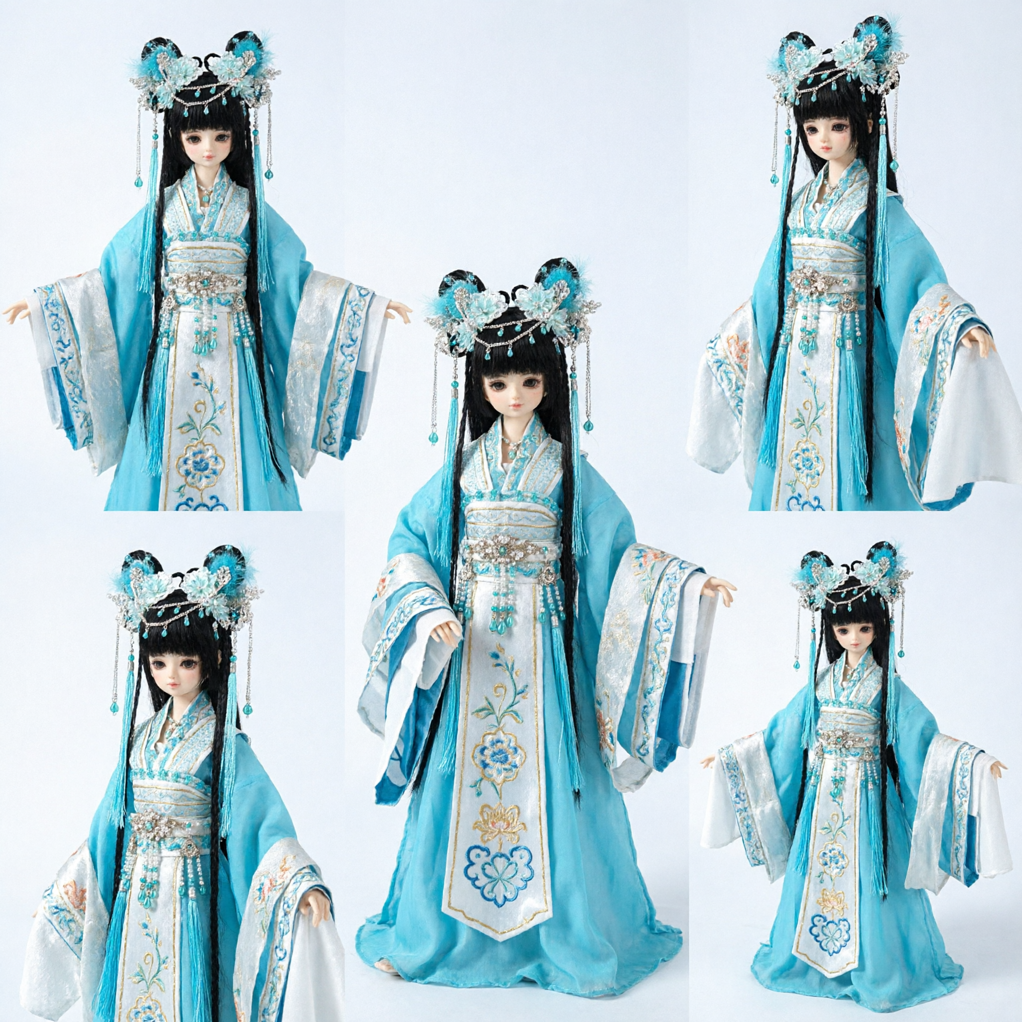 Traditional Chinese Blue Hanfu Costume for Dolls with Exquisite Floral Headpiece and Ancient Fairy Accessories