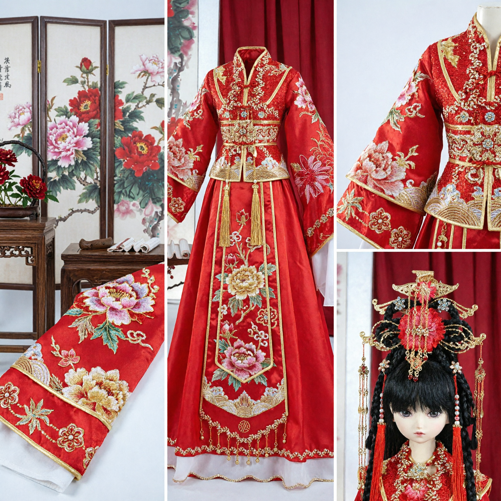 Exquisite Traditional Chinese Wedding Hanfu Dress Red Gold Embroidery Ancient Bridal Gown Set for Smart Doll