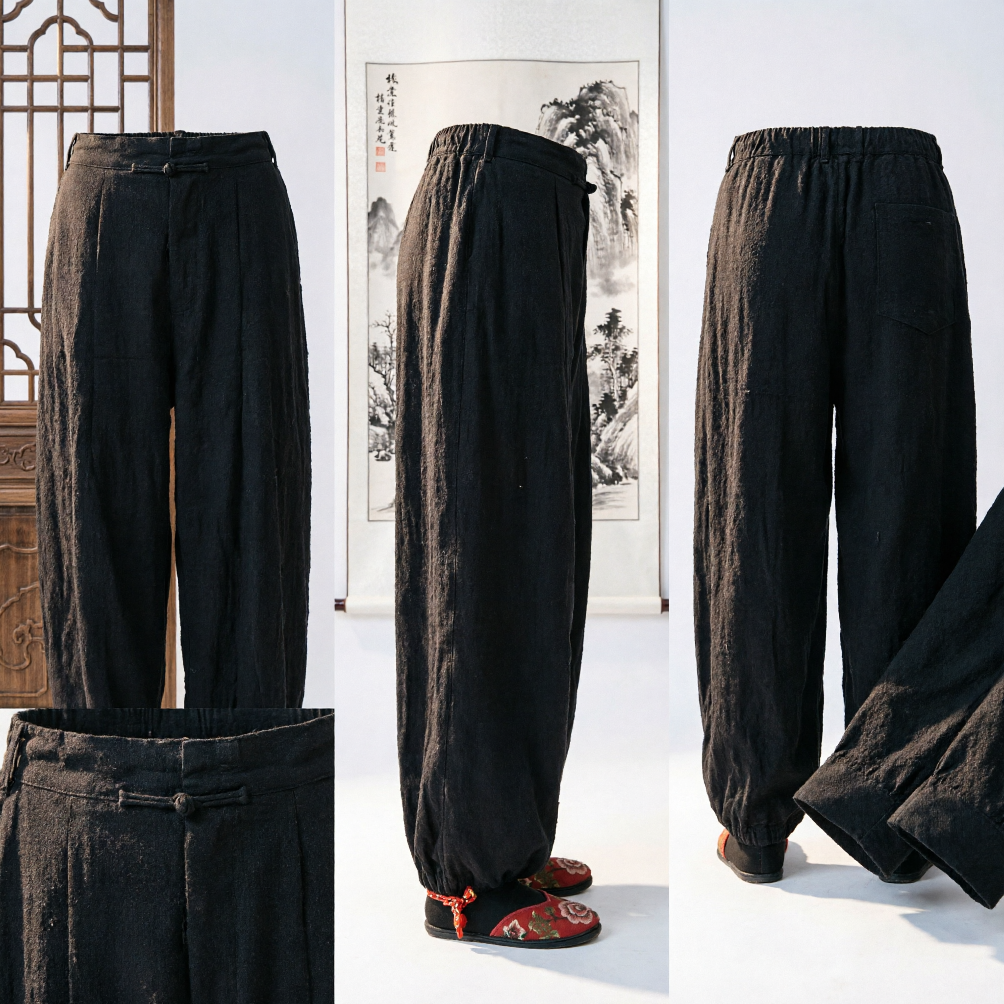 Men's Black Traditional Chinese Kung Fu Pants Cotton Martial Arts Tai Chi Trousers for Practice and Daily Wear