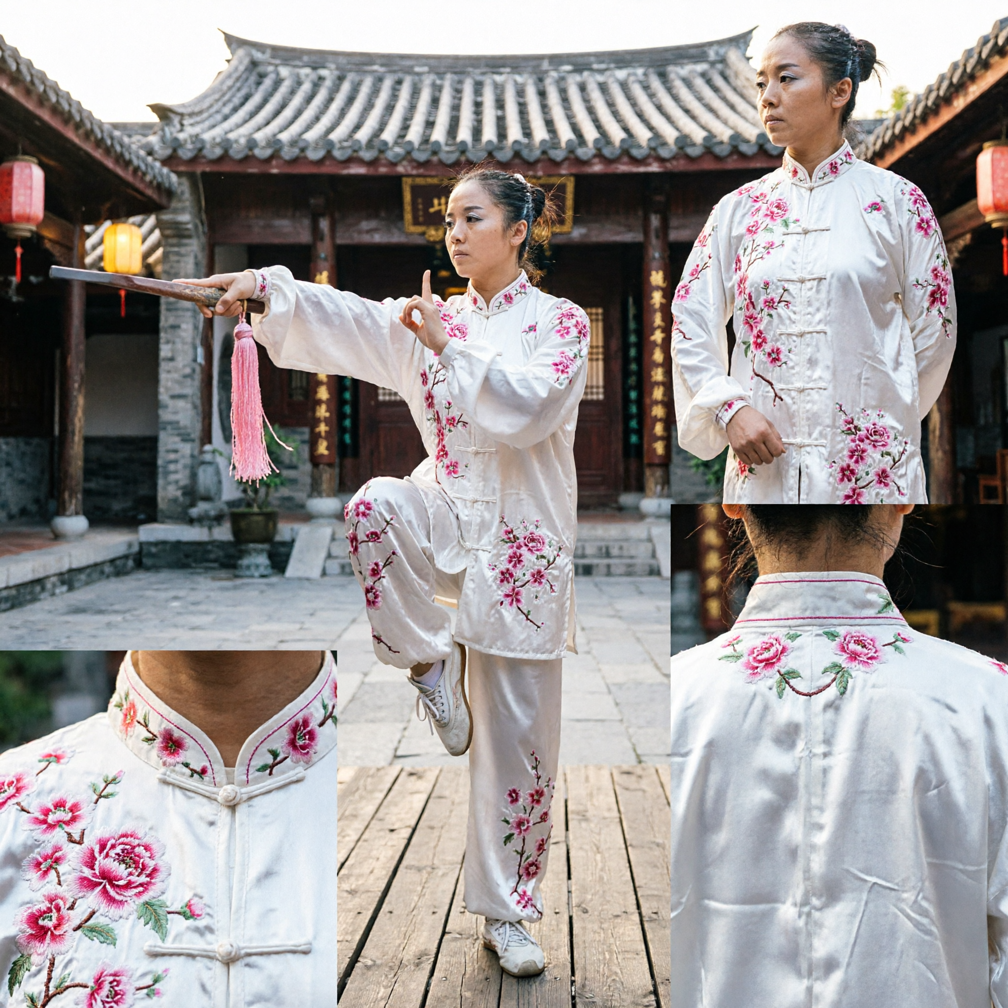 Women's White Floral Tai Chi Uniform Traditional Wushu Kung Fu Suit for Competition Performance