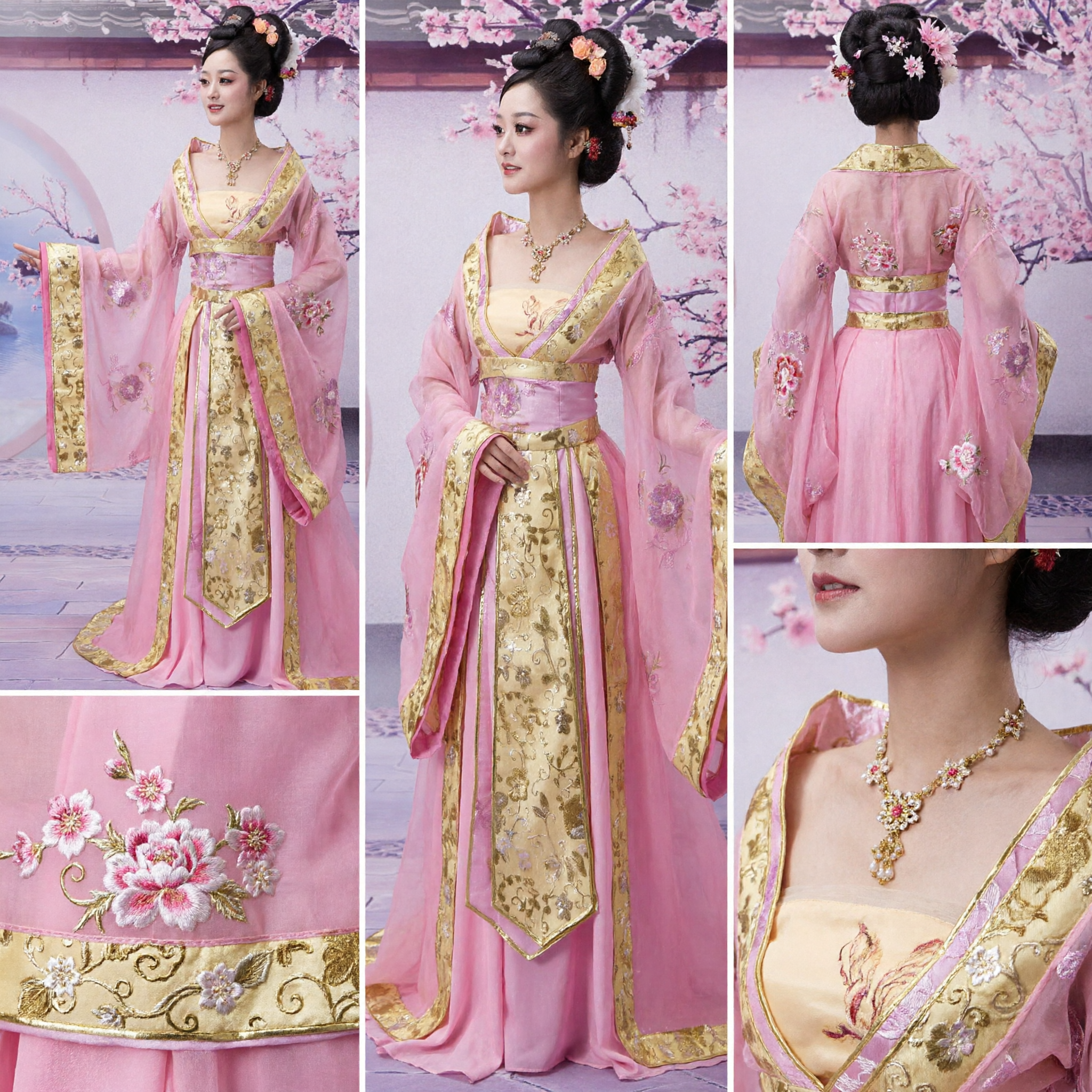Pink Ancient Chinese Tang Dynasty Palace Lady Hanfu Costume Traditional Princess Dress with Gold Embroidery for Women