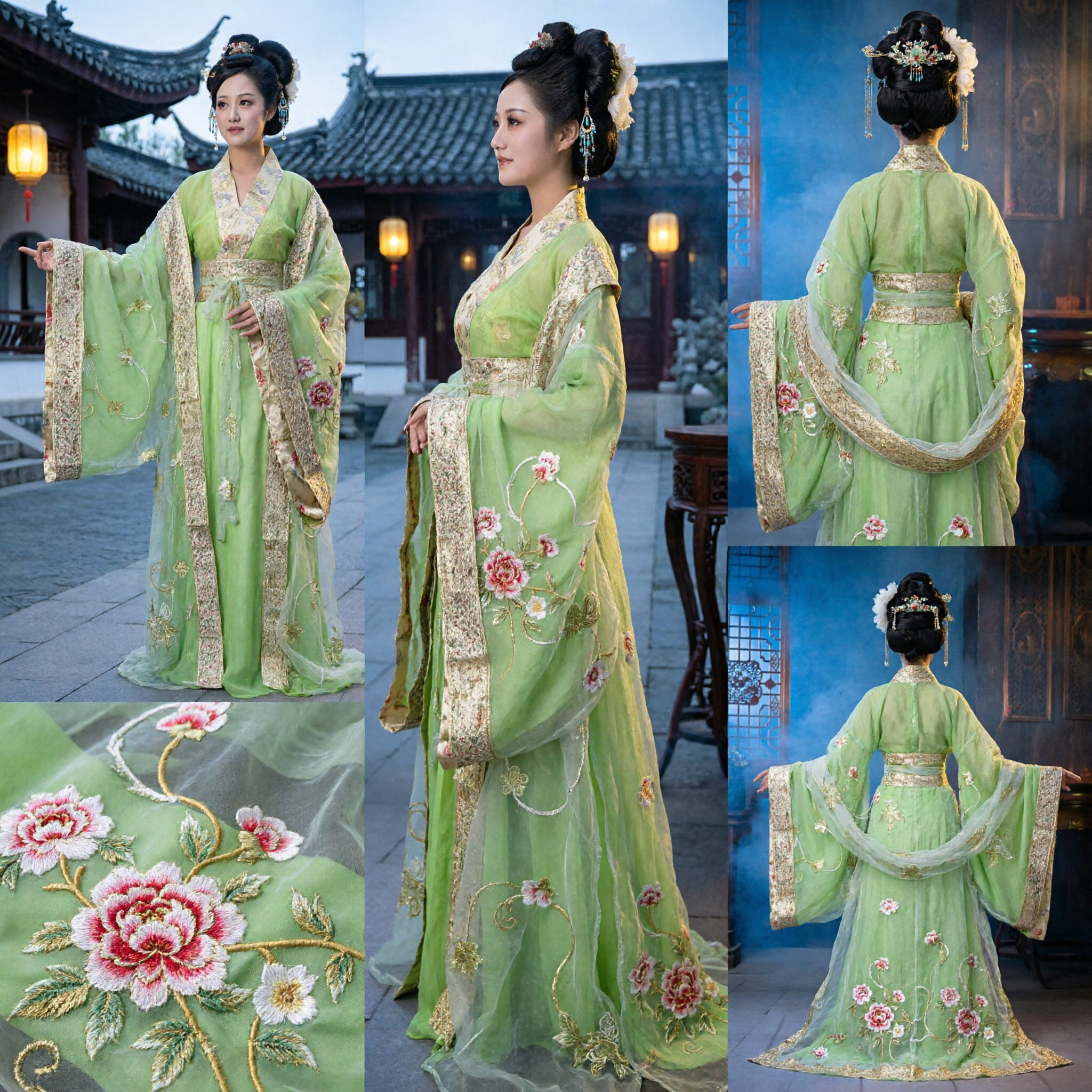 Traditional Chinese Green Hanfu Costume Ancient Palace Lady Embroidered Wide Sleeve Dress for Women Dance Performance