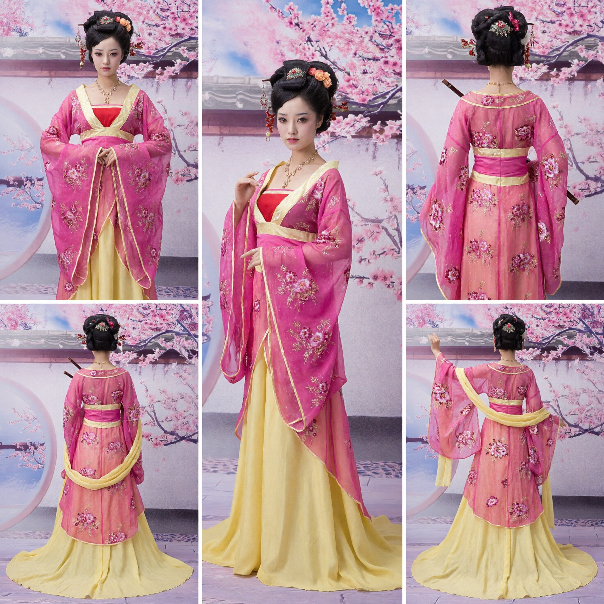 Ancient Chinese Tang Dynasty Hanfu Costume Pink Floral Embroidered Robe and Yellow Skirt for Women