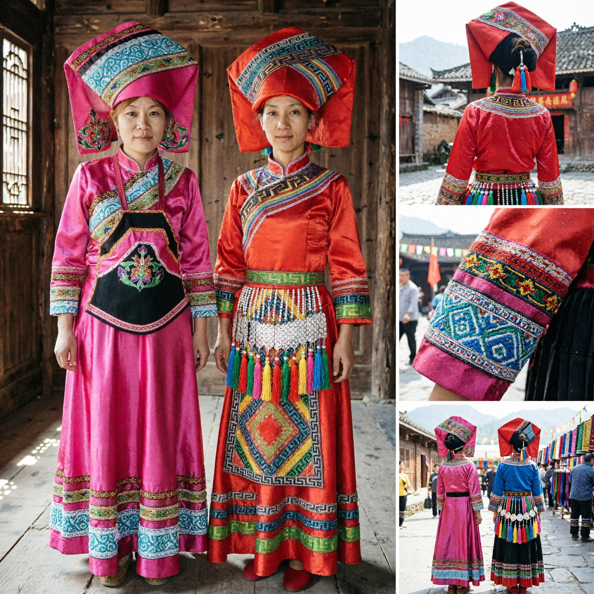Traditional Chinese Ethnic Minority Costume Women's Zhuang Nationality Festival Dress with Elaborate Embroidered Headwear
