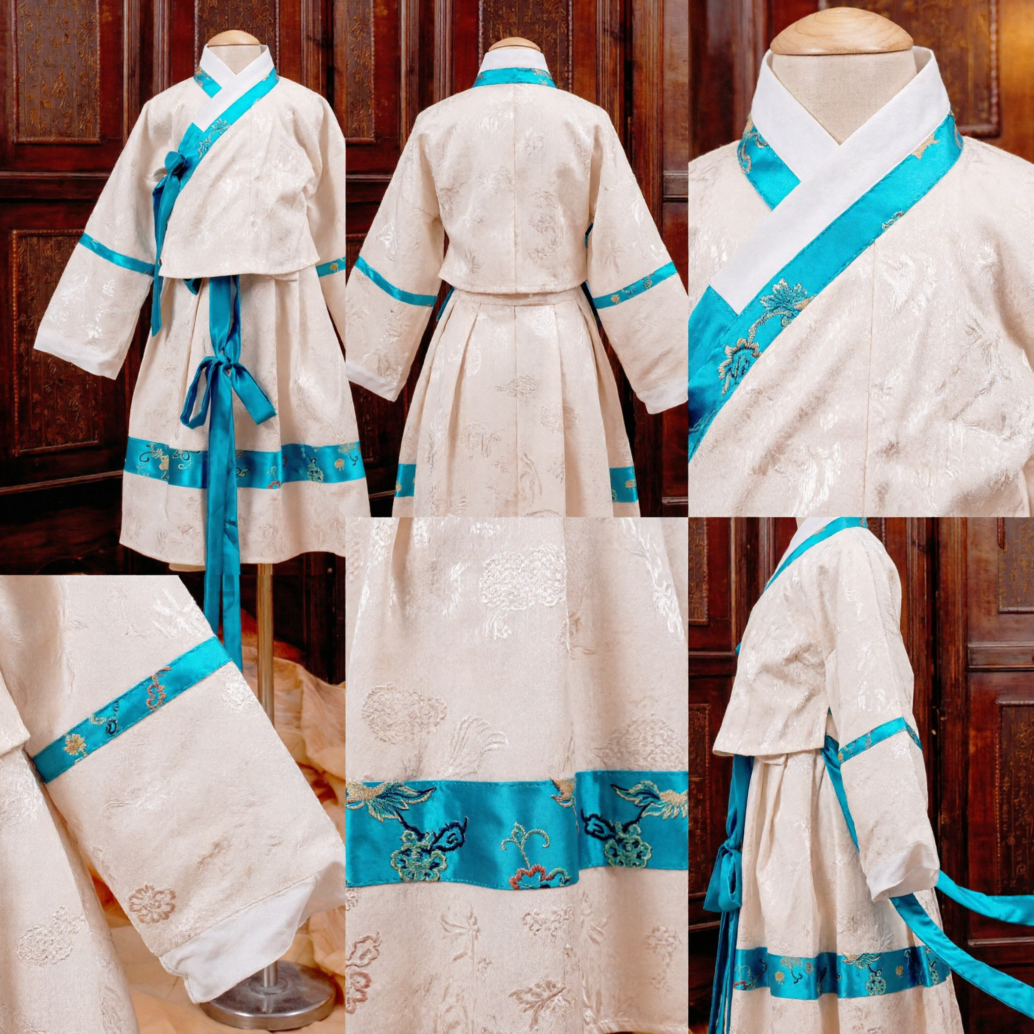 Traditional Chinese Hanfu Costume for Kids Cream and Blue Cross-Collar Outfit for Cultural Performance
