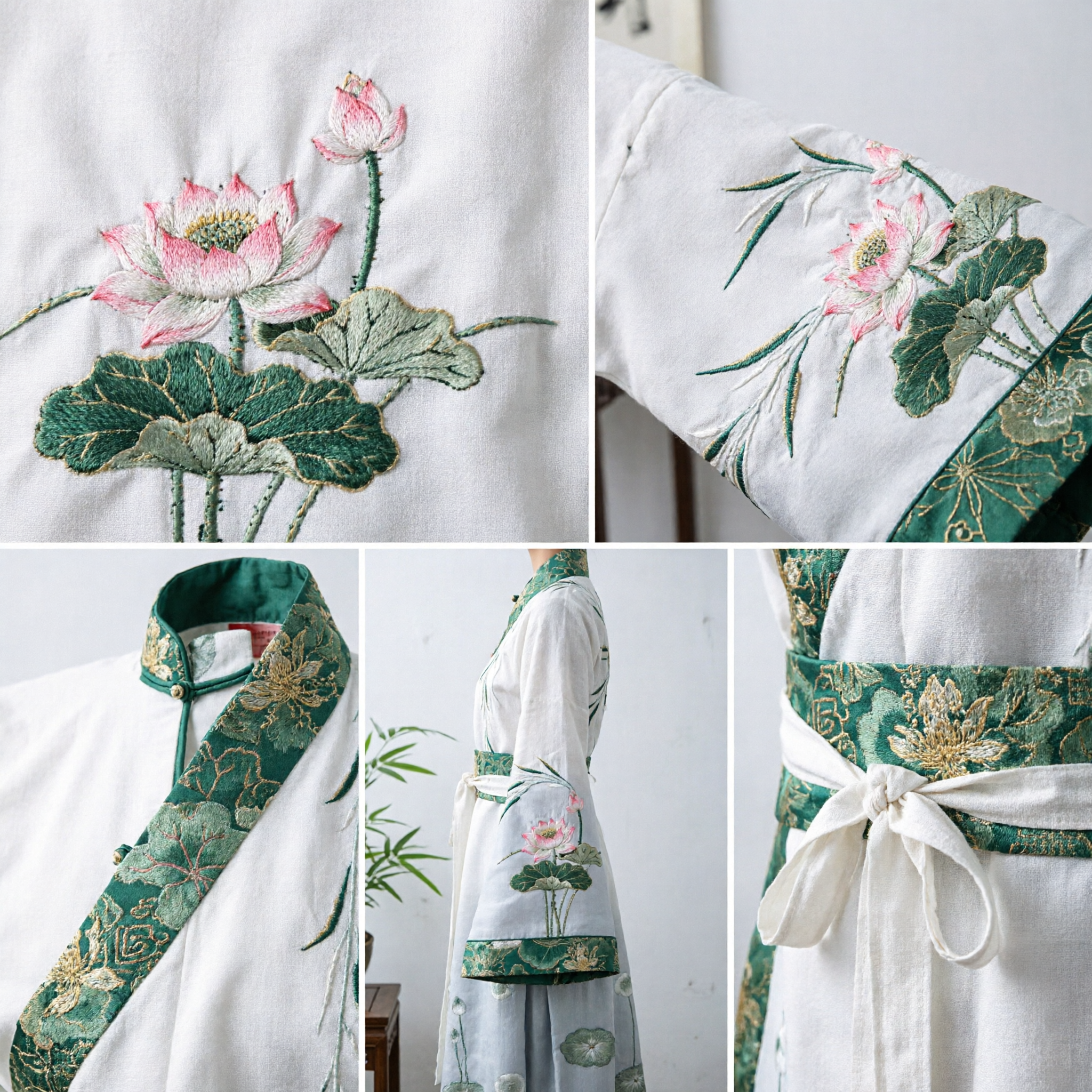 Traditional Chinese Hanfu White Cross Collar Robe with Lotus and Bamboo Print for Women Tea Ceremony