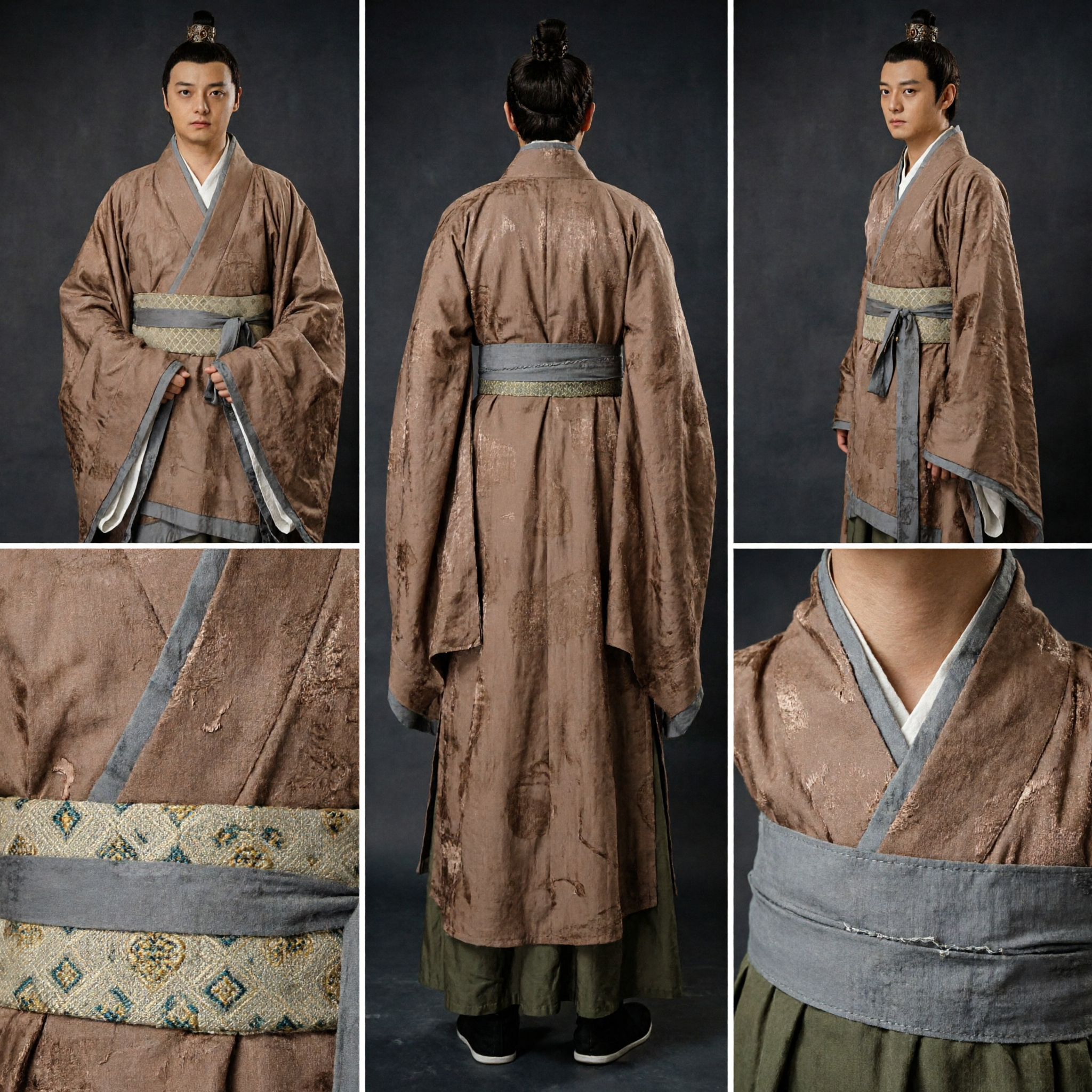 Men's Traditional Chinese Hanfu Ancient Scholar Costume Brown Cross-Collar Robe for Cosplay Photography and Cultural Events