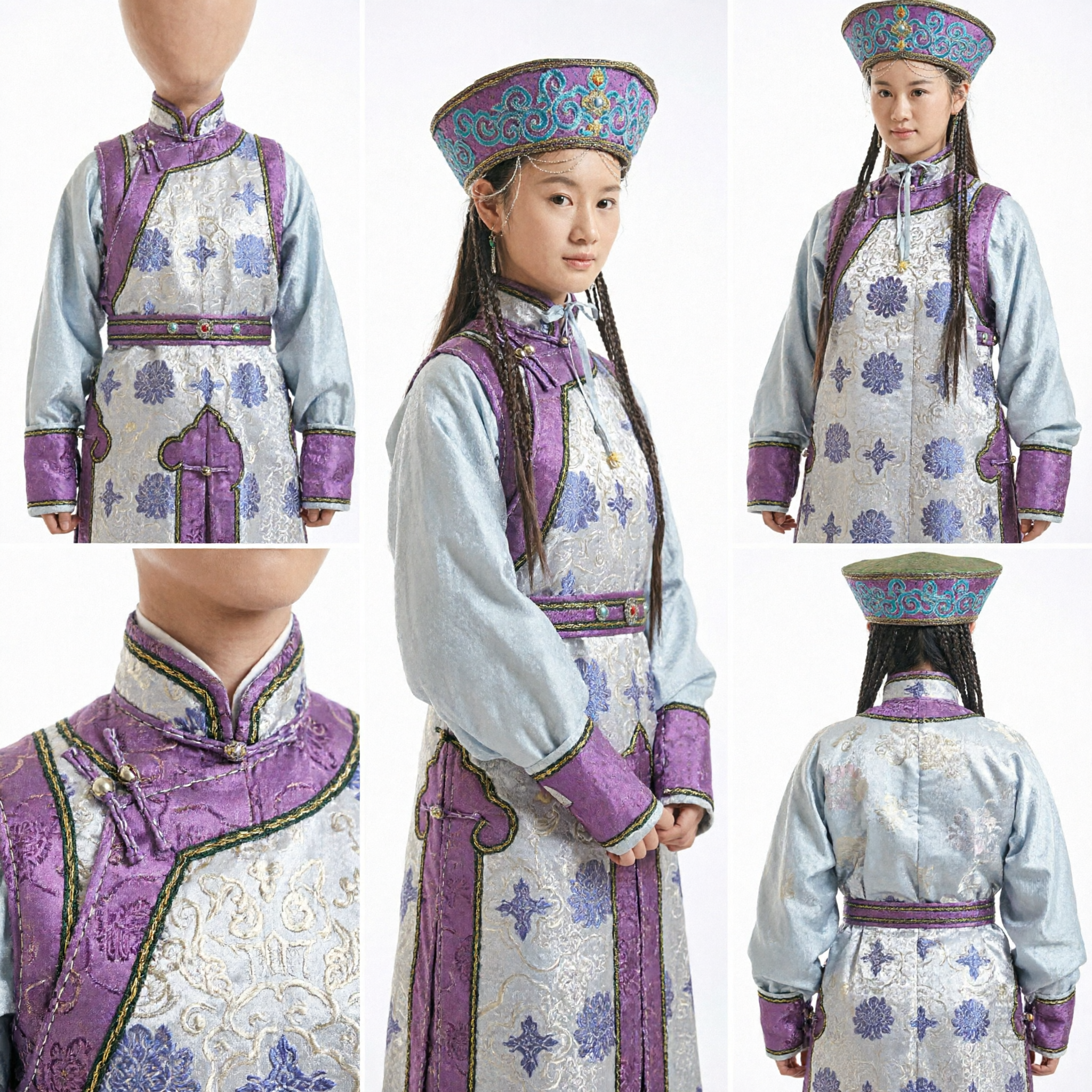 Girls Traditional Mongolian Costume Purple Floral Embroidered Robe and Hat Set for Cultural Dance Performance