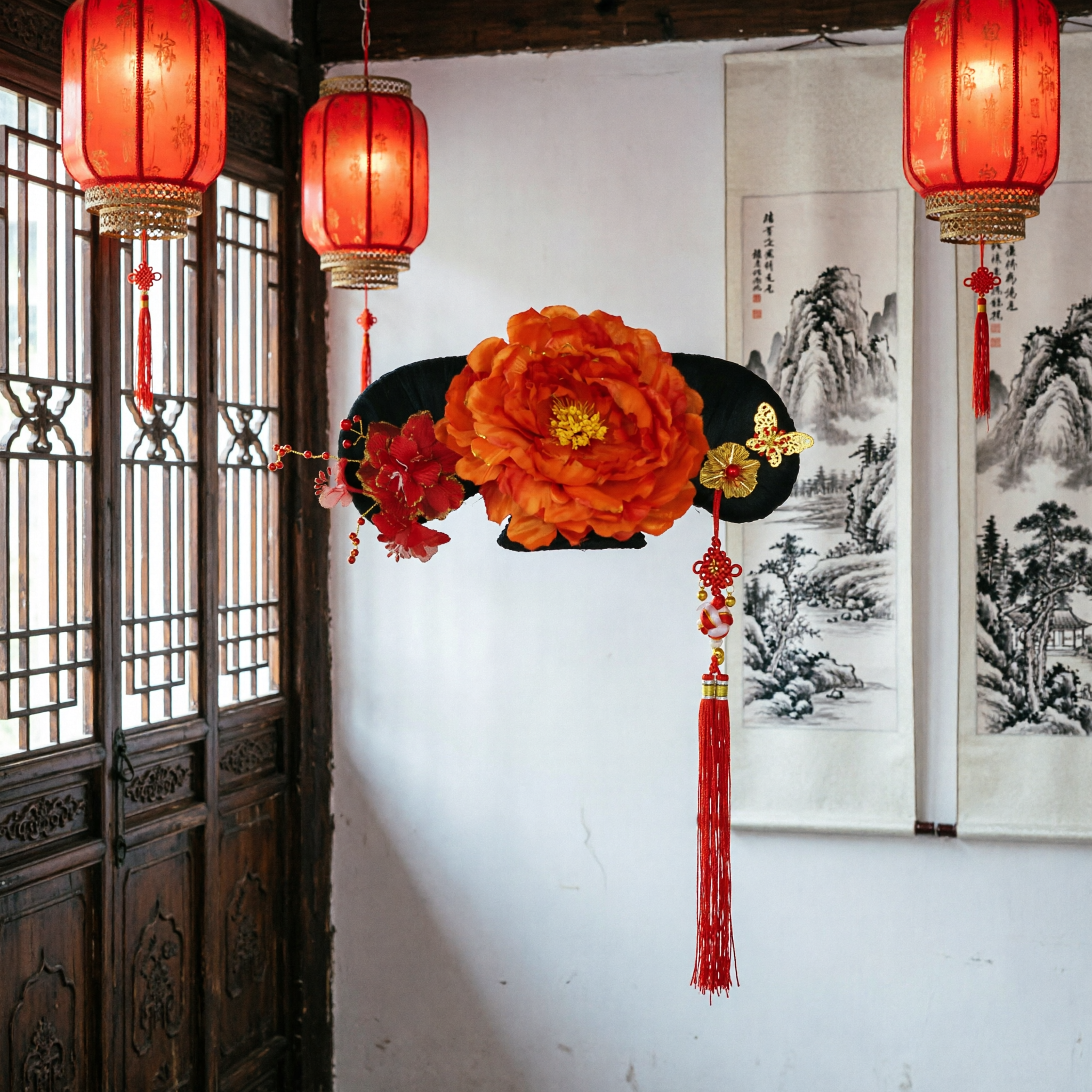 Traditional Chinese Qing Dynasty Manchu Headdress with Orange Peony and Butterfly Tassel for Women Hanfu Costume