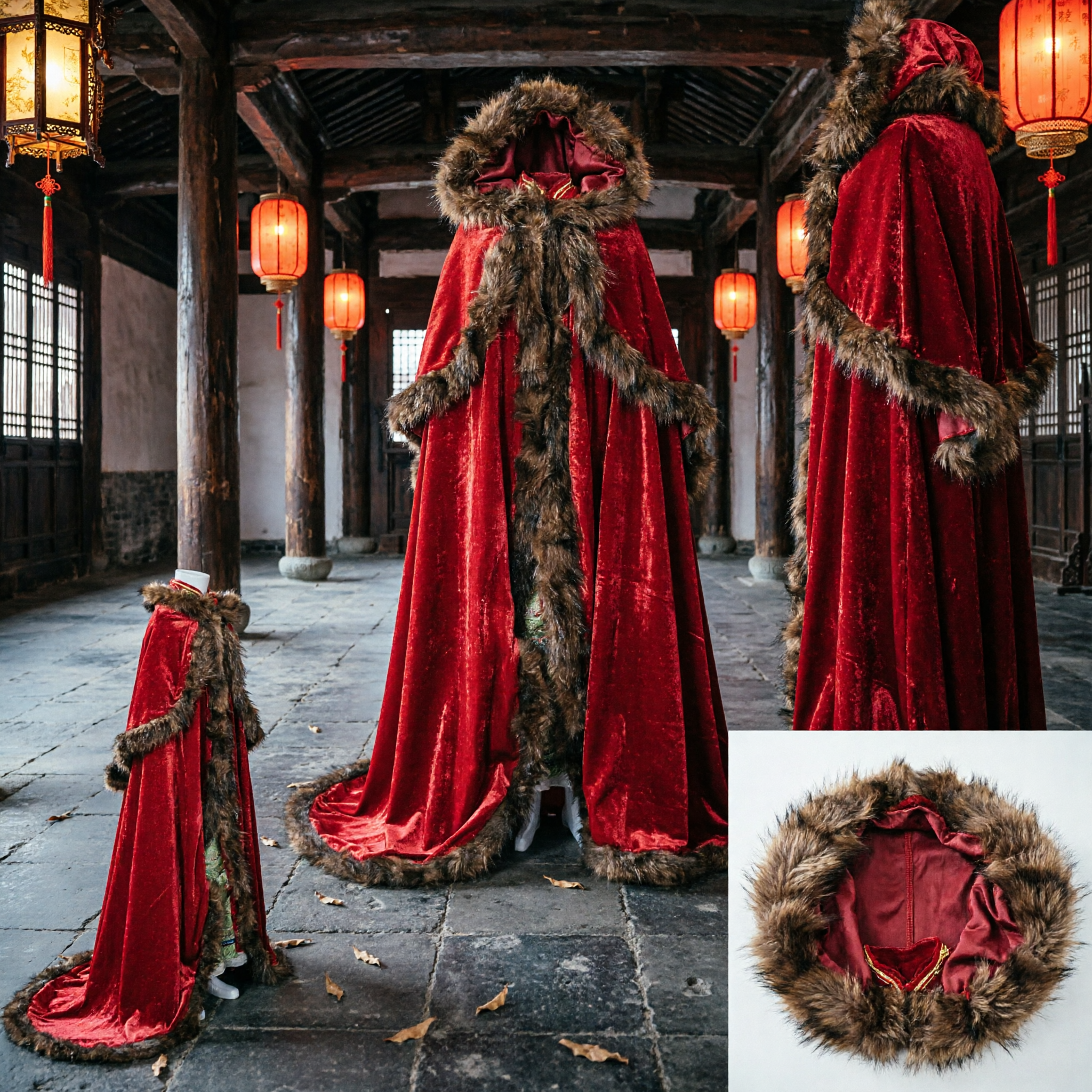 Luxurious Red Velvet Royal Cape with Brown Faux Fur Trim for Medieval King Halloween Cosplay