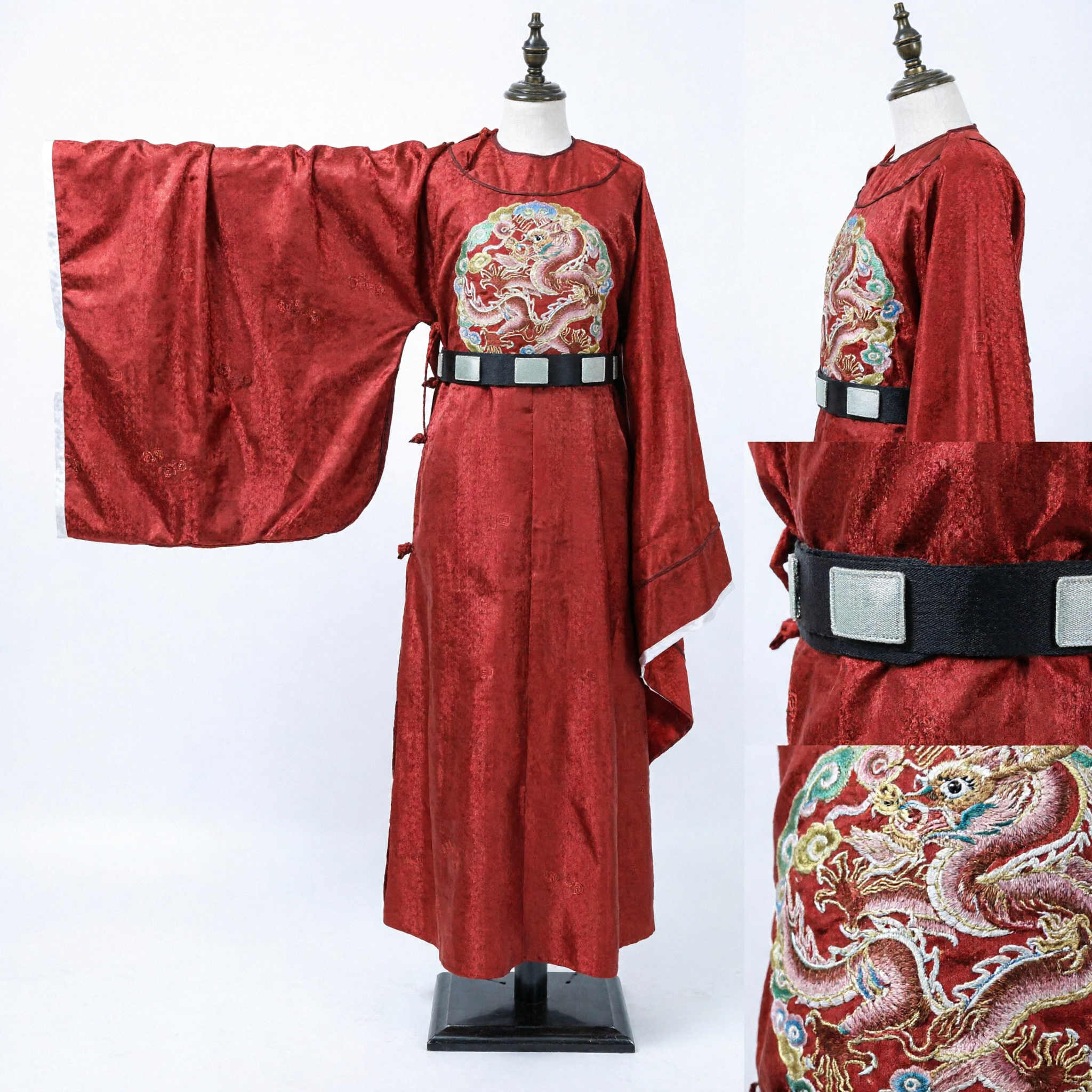 Men's Ancient Chinese Red Dragon Robe Traditional Wedding Groom Costume Hanfu Outfit with Hat
