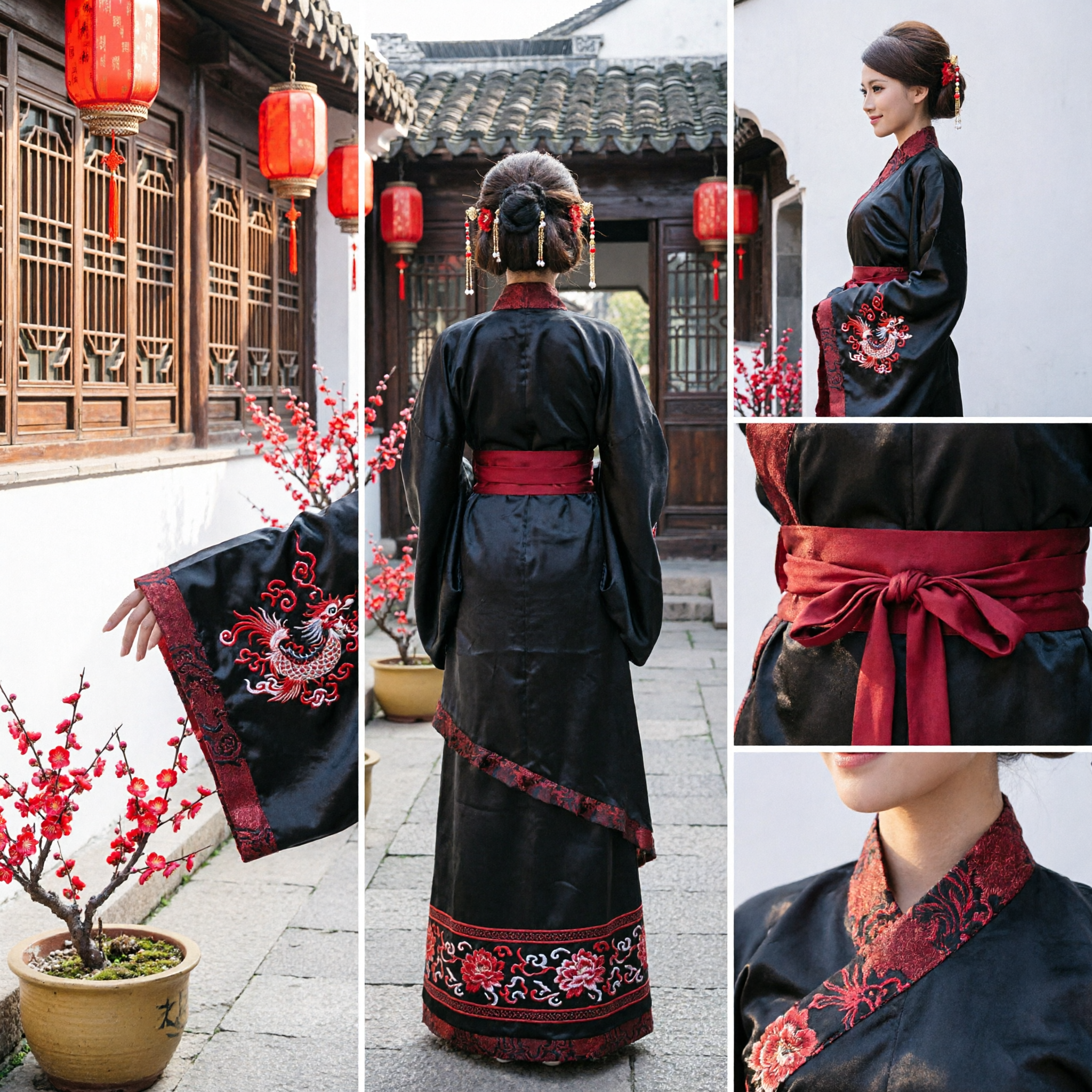Women's Chinese Traditional Hanfu Black and Red Ancient Costume Wide Sleeve Historical Dress for Performance
