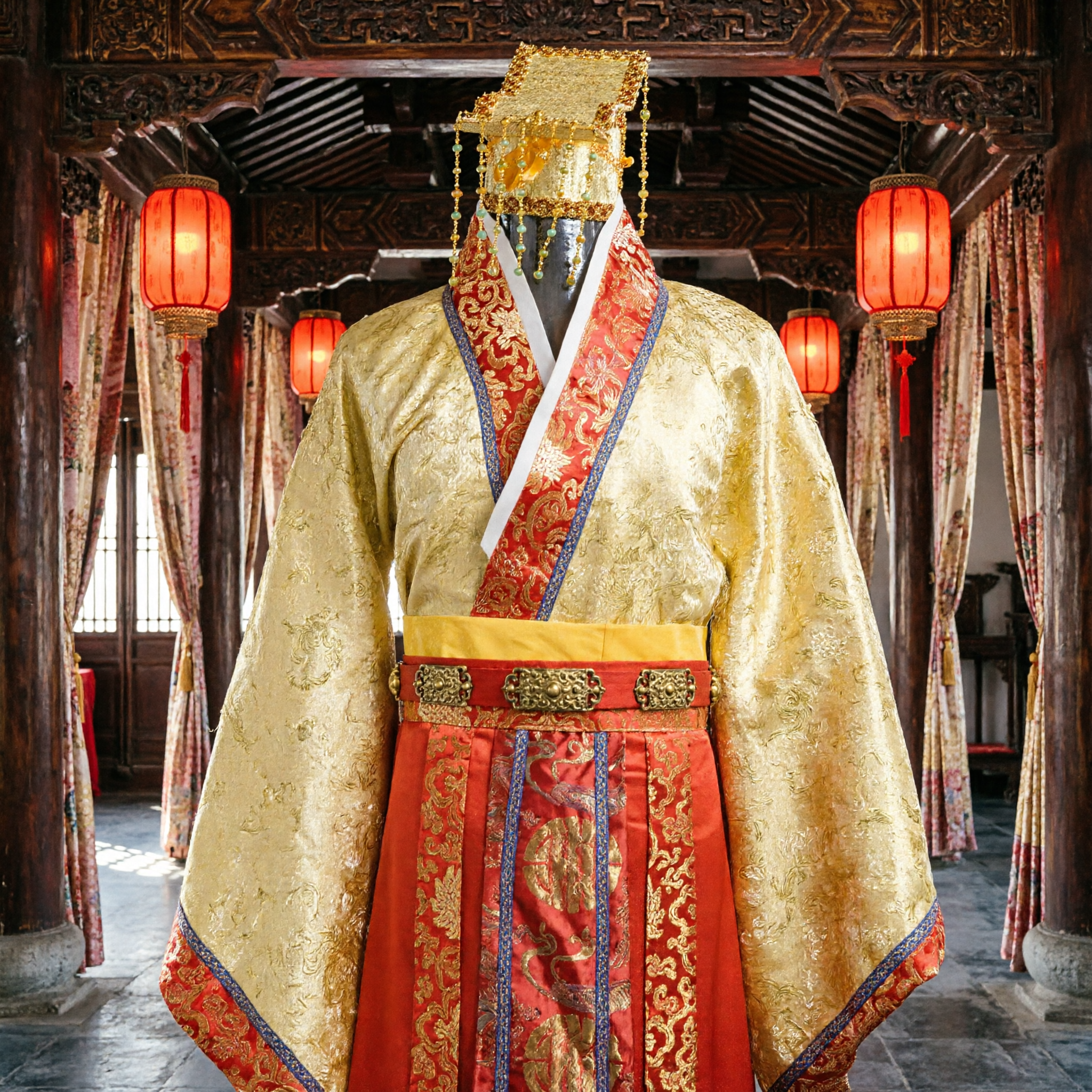 Traditional Chinese Emperor Hanfu Costume Ancient Imperial Robe Gold and Red Silk Outfit for Men Performance