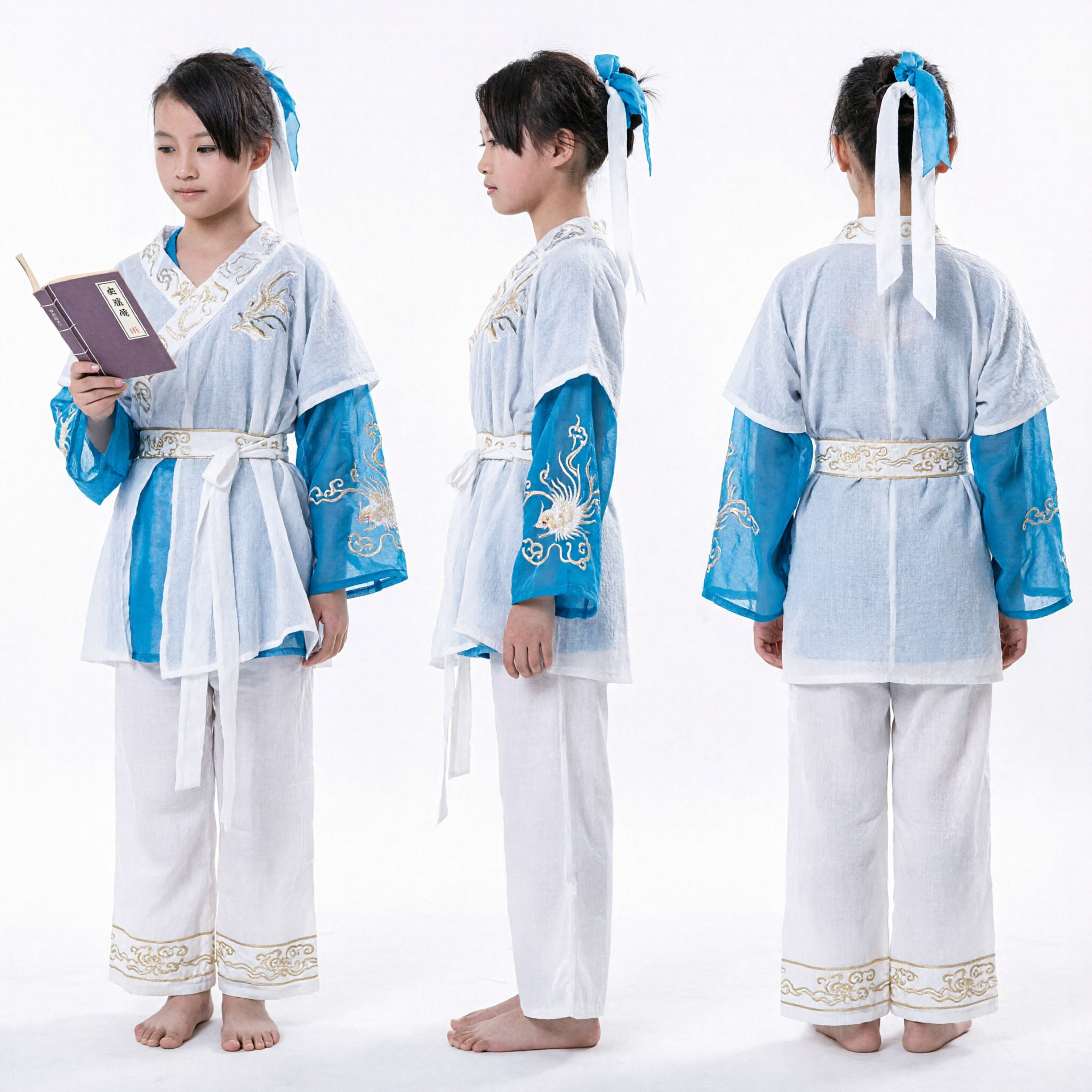 Children Ancient Chinese Scholar Hanfu Costume White and Blue Traditional Robe for Stage Performance and Cosplay