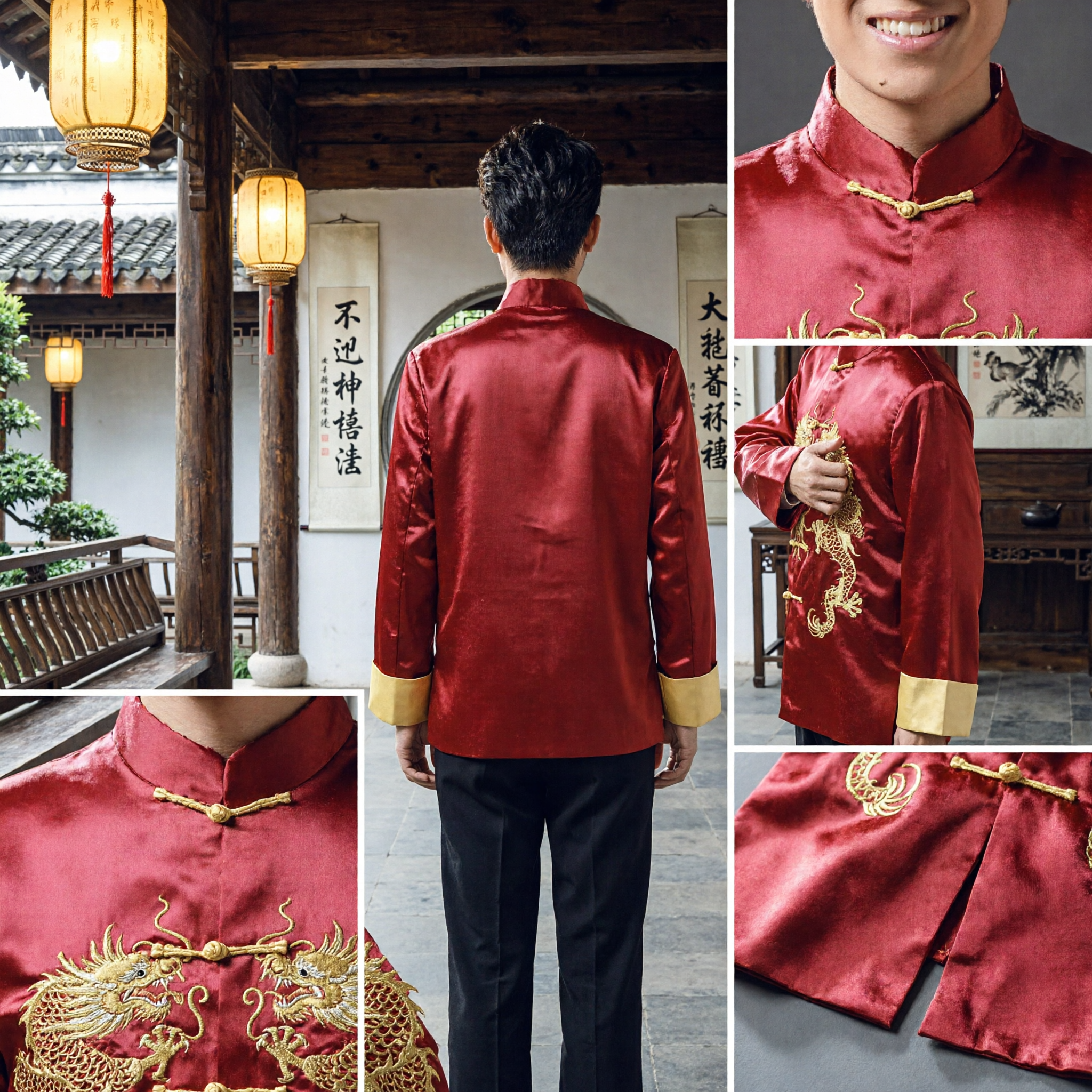 Men's Red Silk Tang Suit Chinese Traditional Dragon Embroidery Jacket Wedding Groom Outfit Mandarin Collar Top
