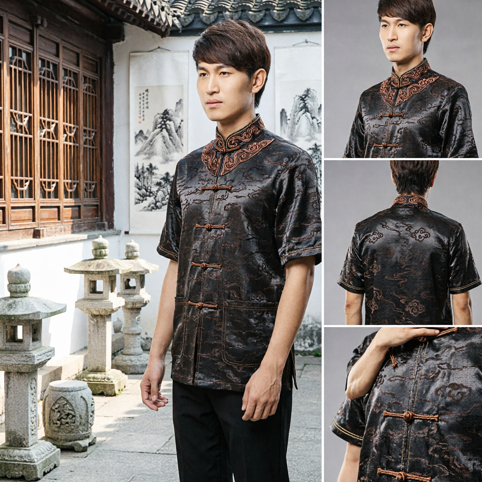 Men's Chinese Traditional Tang Suit Short Sleeve Shirt Mandarin Collar Casual Kung Fu Top Jacquard