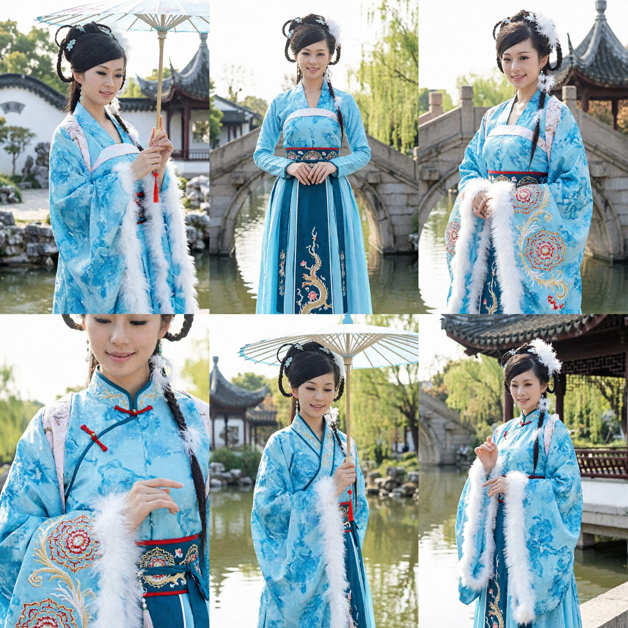 Elegant Blue Chinese Hanfu Robe with White Fur Trim Traditional Ancient Costume for Women Winter Cosplay