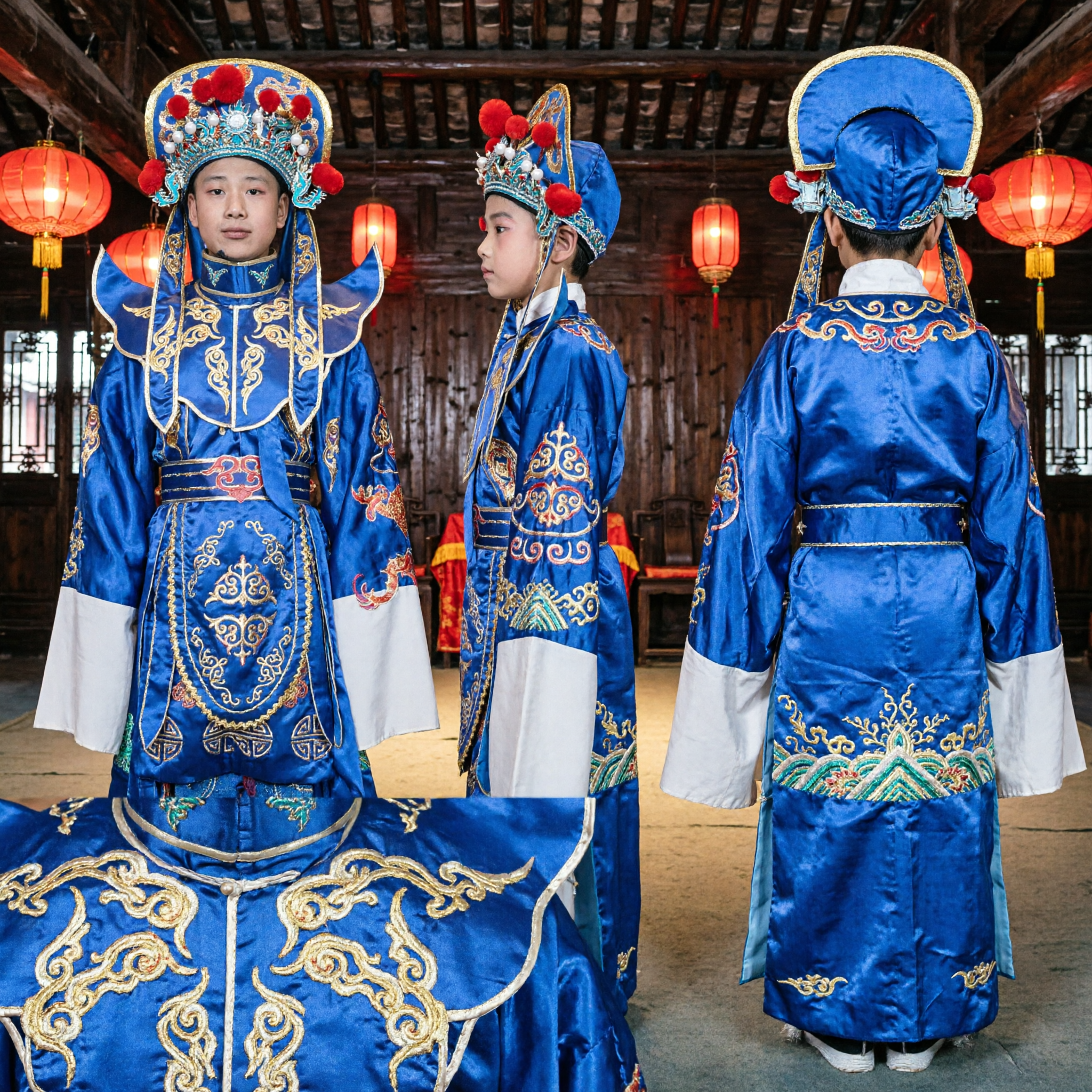 Traditional Chinese Blue General Costume for Men Peking Opera Warrior Outfit with Headpiece for Stage Performance